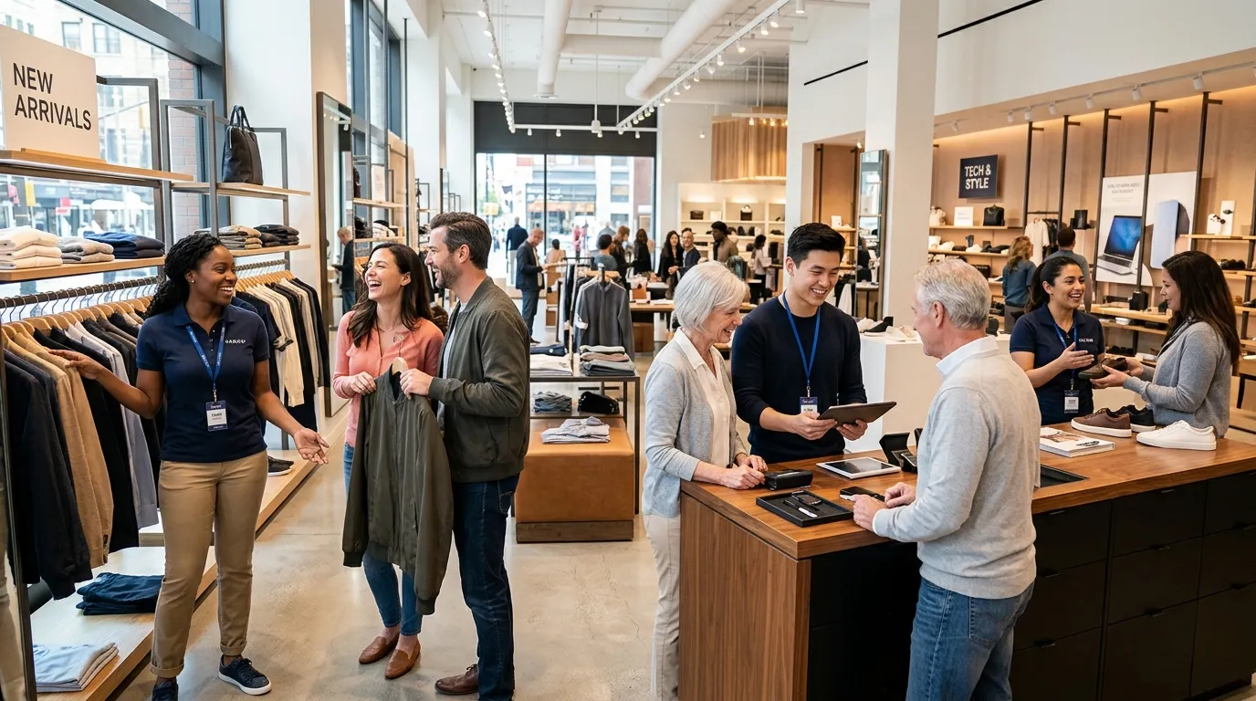 A modern, dynamic hero image showing a diverse group of professional retail staff interacting with c... A modern, dynamic hero image showing a diverse group of professional retail staff interacting with customers in a bright, contemporary store. The mood is energetic, professional, and successful.