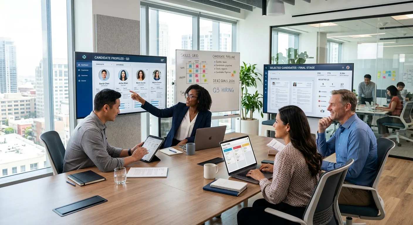 A modern, diverse team of HR professionals and hiring managers collaborating in a bright, airy offic... A modern, diverse team of HR professionals and hiring managers collaborating in a bright, airy office, reviewing candidate profiles on multiple digital screens. Style: Professional, aspirational, high-resolution. Mood: Strategic, efficient, and forward-thinking.