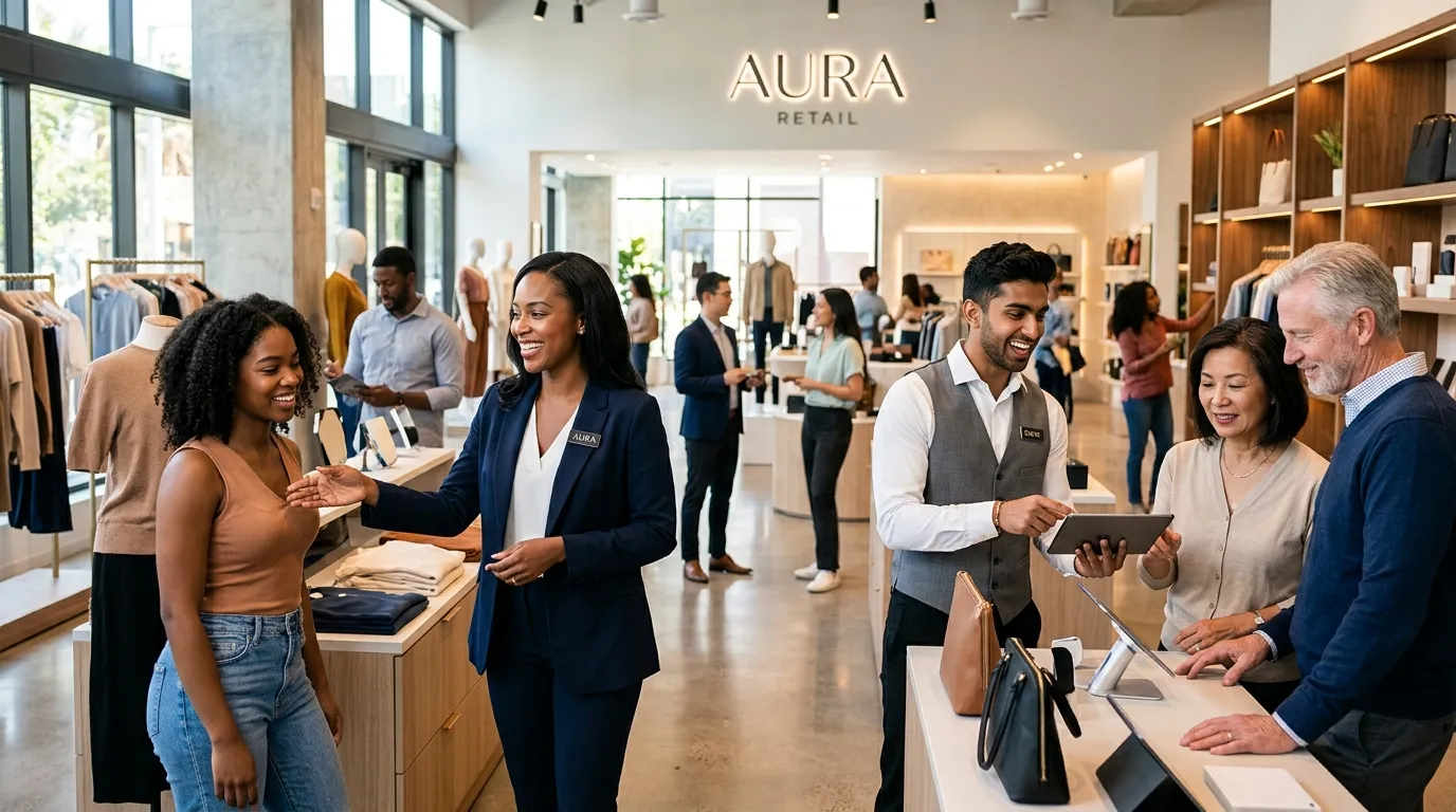 A modern, dynamic hero image showing a diverse group of professional retail staff interacting with c... A modern, dynamic hero image showing a diverse group of professional retail staff interacting with customers in a bright, high-end store environment. Style: professional, vibrant, and aspirational. Mood: confident, successful, and energetic.
