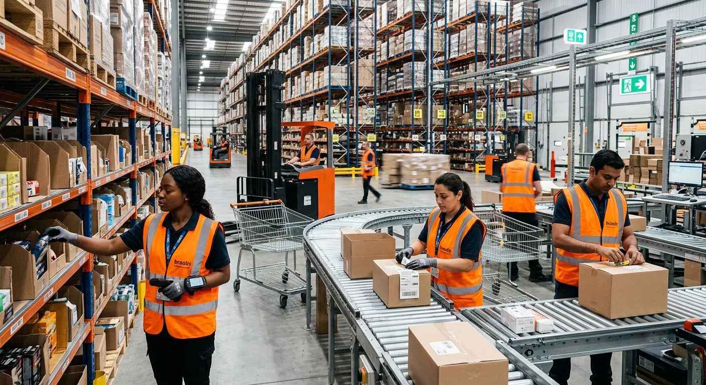 A dynamic, high-energy shot of a modern, organized warehouse. A diverse team of warehouse operatives... A dynamic, high-energy shot of a modern, organized warehouse. A diverse team of warehouse operatives in high-vis vests are efficiently picking items from tall shelving units and packing them into boxes on a conveyor belt. The mood is professional, productive, and technologically advanced.