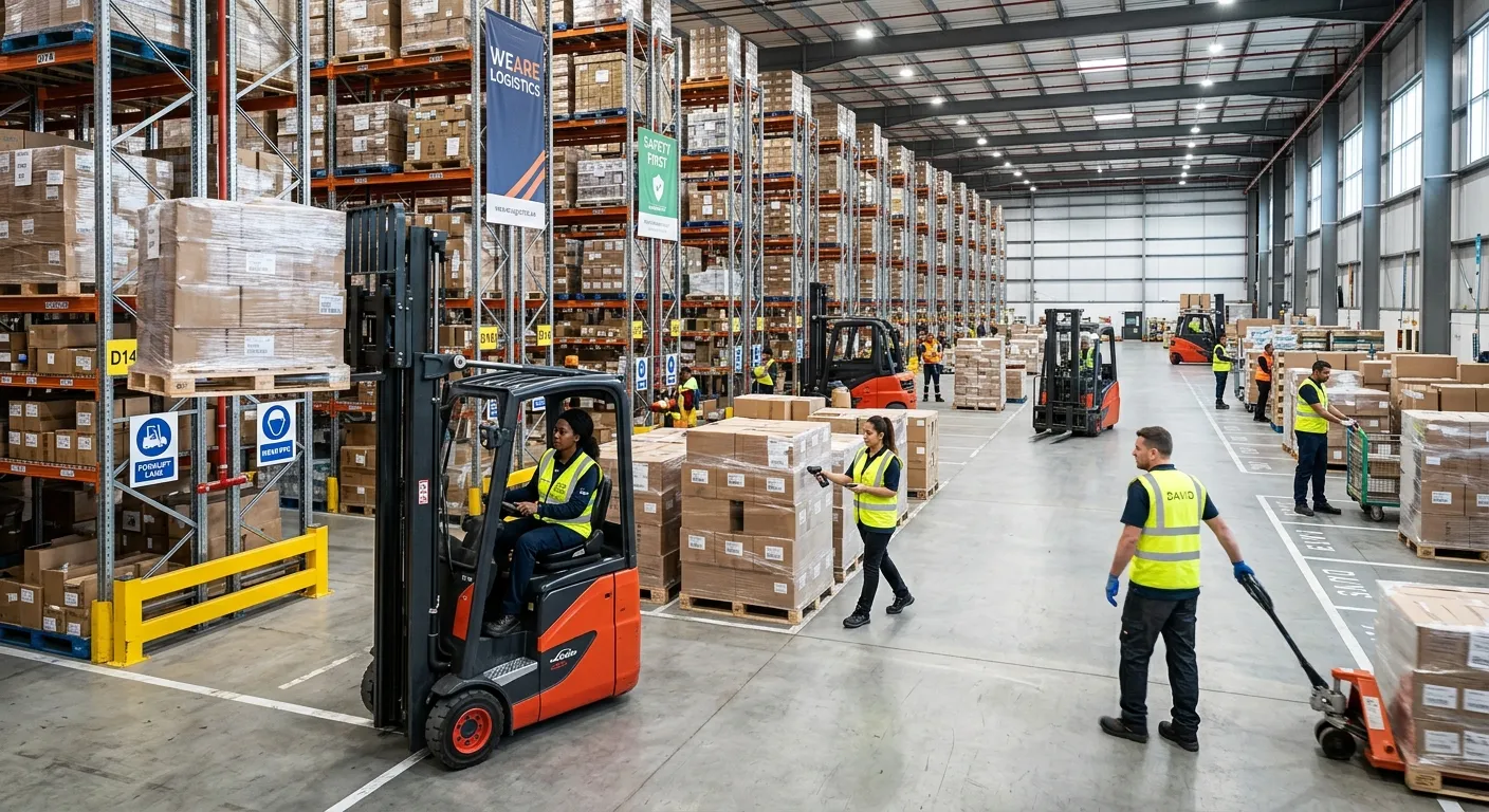 A dynamic, high-energy shot of a modern, well-organized warehouse floor. A diverse team of warehouse... A dynamic, high-energy shot of a modern, well-organized warehouse floor. A diverse team of warehouse operatives in high-visibility vests are efficiently moving goods with forklifts and hand scanners. The image conveys professionalism, scale, and seamless operation.