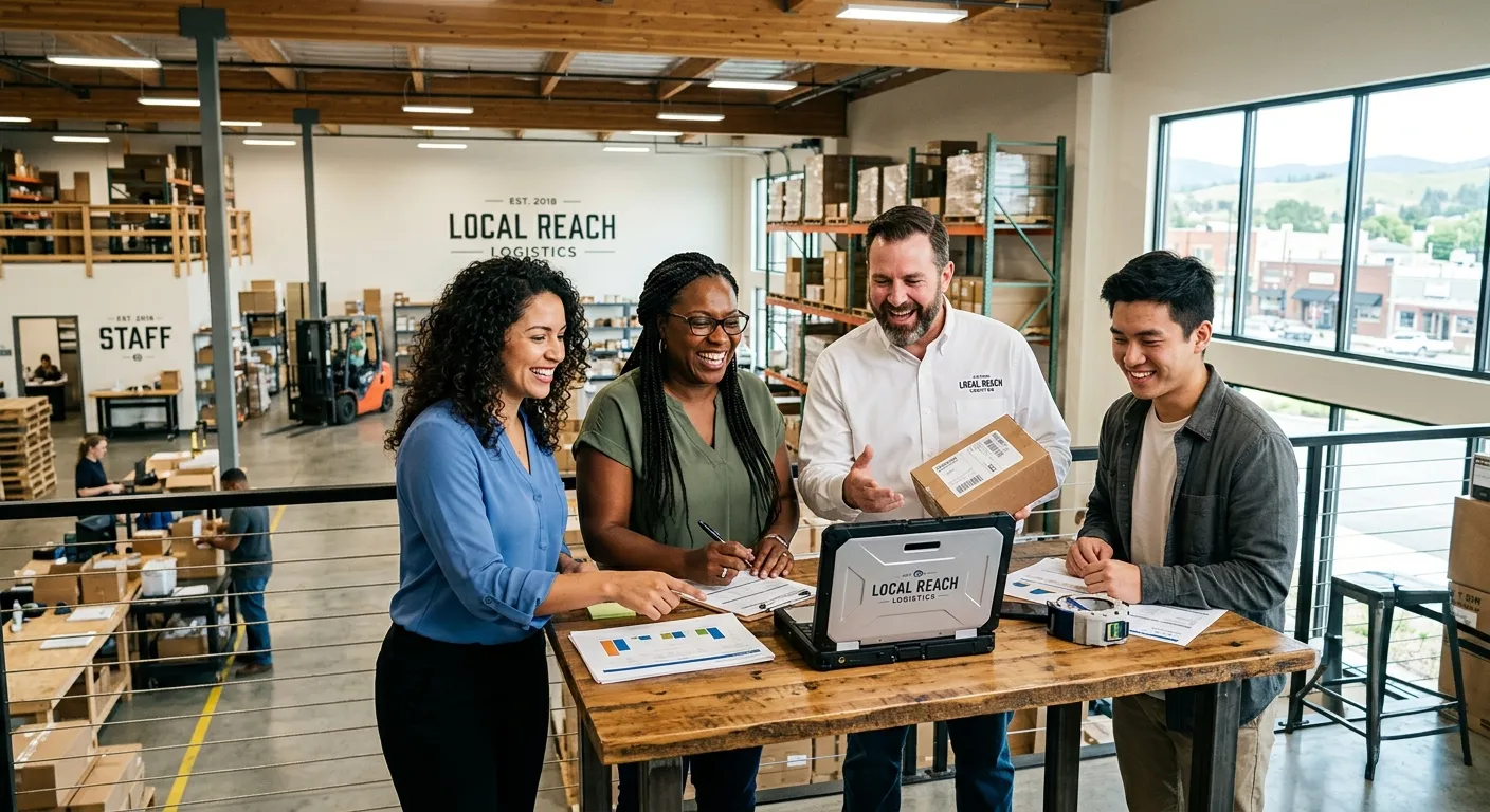 A professional, diverse group of employees in a modern office or warehouse setting, smiling and collaborating. The image should convey success, teamwork, and local community. Style: Bright, high-contrast, professional photography.