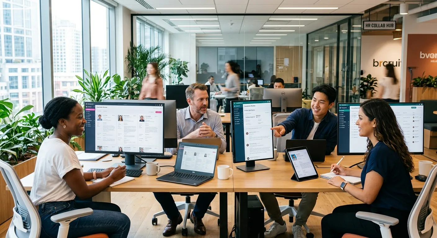 A modern, diverse team of HR professionals collaborating in a bright, airy office, reviewing candida... A modern, diverse team of HR professionals collaborating in a bright, airy office, reviewing candidate profiles on multiple digital screens. Style: Professional, vibrant, with a focus on technology and human interaction. Mood: Efficient, innovative, and collaborative.