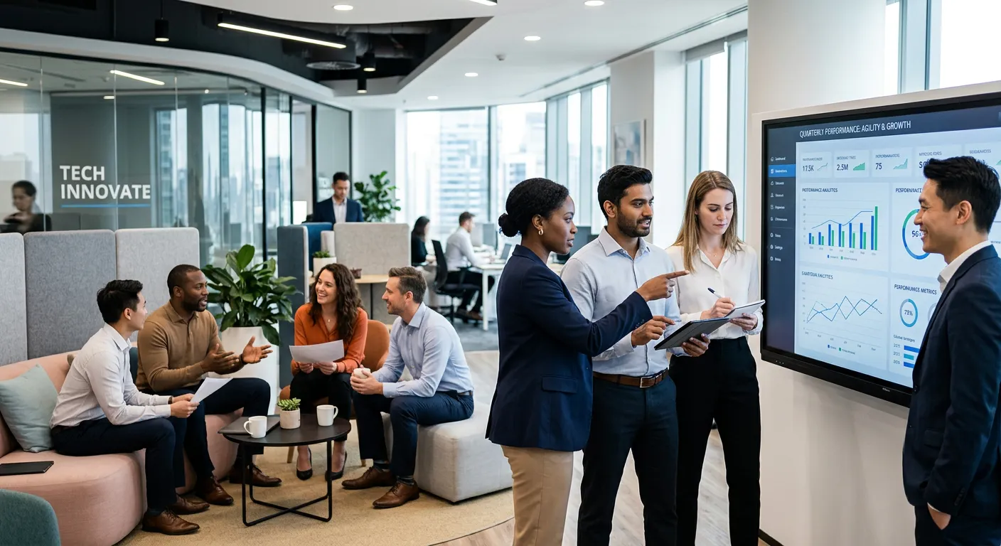 A diverse, professional team collaborating in a modern office environment. One group is analyzing da... A diverse, professional team collaborating in a modern office environment. One group is analyzing data on a large screen, another is in a casual discussion. The style is professional corporate photography with high contrast and sharp focus, conveying agility and expertise.