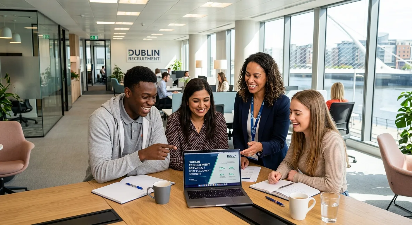 A dynamic, professional photo of a diverse group of temporary workers and a recruiter in a modern Du... A dynamic, professional photo of a diverse group of temporary workers and a recruiter in a modern Dublin office setting, smiling and collaborating over a laptop. Style: Bright, optimistic, professional. Mood: Energetic and trustworthy.