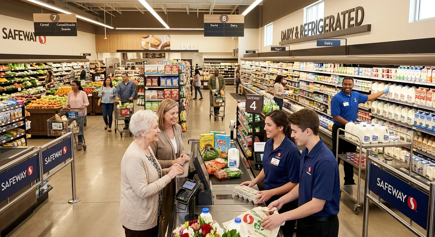 Professional, modern image of a well-lit Safeway supermarket interior. Focus on friendly staff membe... Professional, modern image of a well-lit Safeway supermarket interior. Focus on friendly staff members in uniforms assisting customers at checkout and stocking shelves. Style: Bright, welcoming, corporate. Mood: Efficient, professional, and customer-focused.