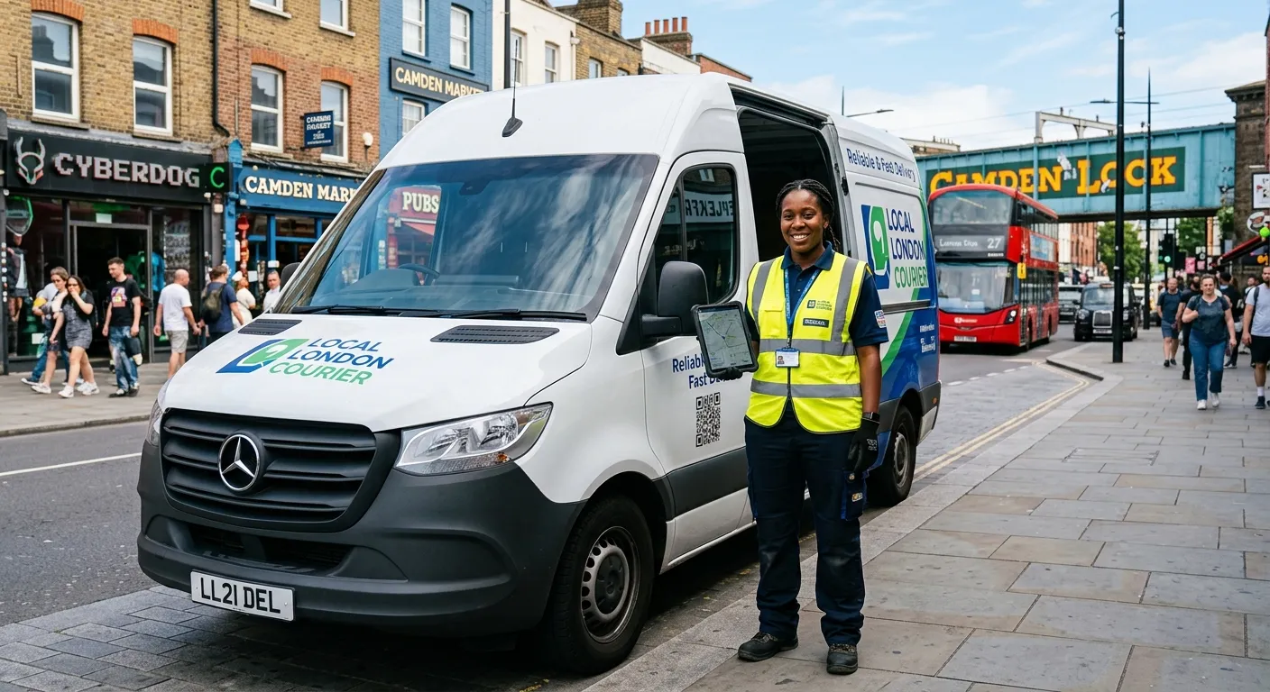 A confident, professional delivery driver in a hi-vis vest, smiling and holding a tablet, standing b... A confident, professional delivery driver in a hi-vis vest, smiling and holding a tablet, standing by a modern van on a street in Camden, London. Bright, clear day, professional and trustworthy mood.