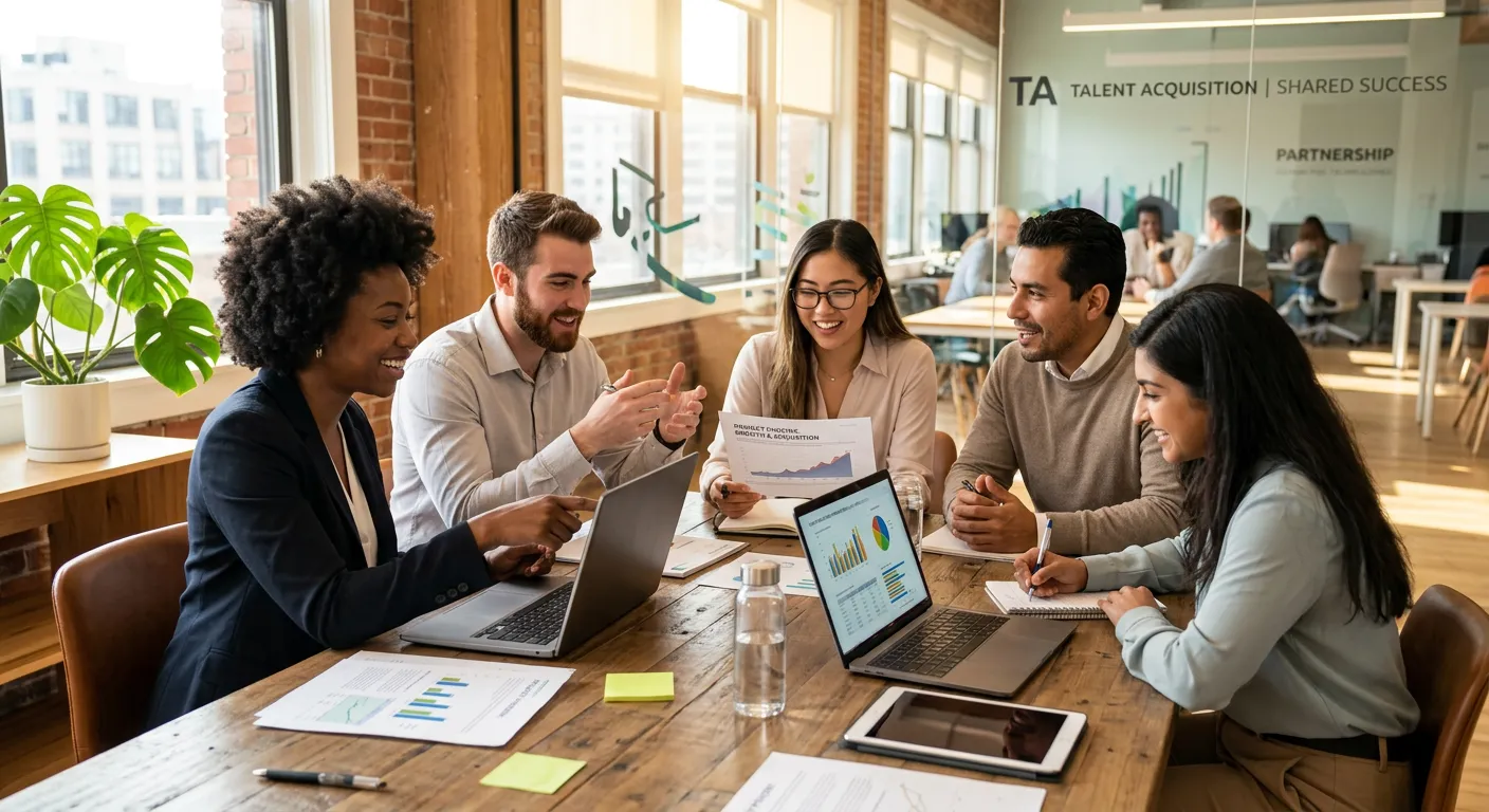A modern, diverse team of professionals in a bright office collaborating around a table with laptops... A modern, diverse team of professionals in a bright office collaborating around a table with laptops and documents, symbolizing partnership and successful talent acquisition. Style: Professional stock photo with warm, inviting lighting.