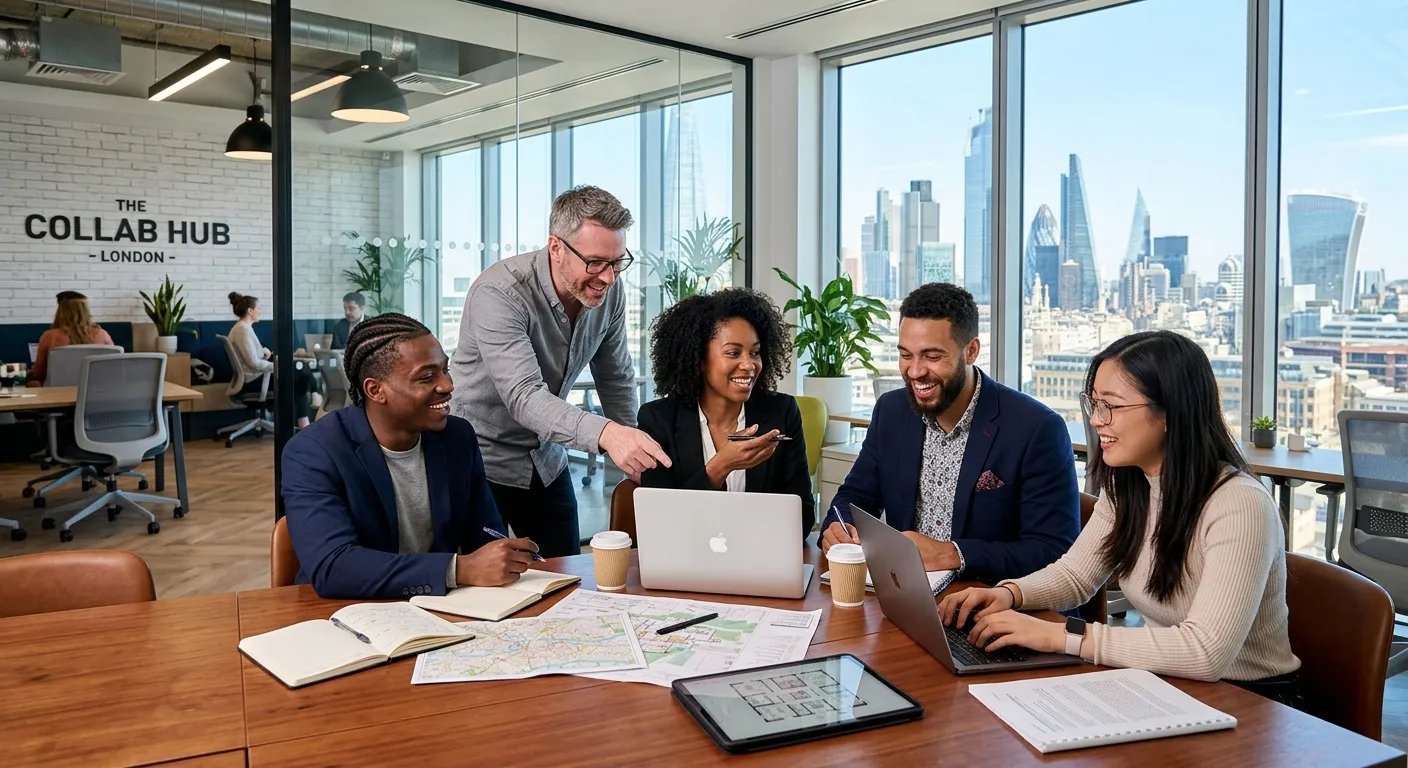 A dynamic, professional photo of a diverse team of professionals in a modern London office setting, collaborating around a table with laptops and documents. Style: Bright, sharp, and aspirational. Mood: Confident, successful, and energetic.