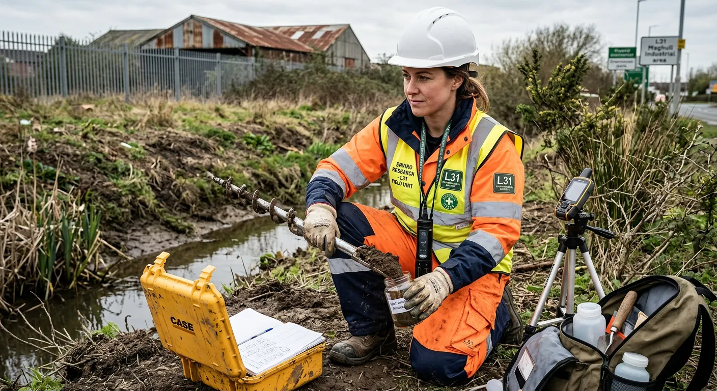 A professional, confident environmental scientist in L31, wearing high-visibility gear and safety eq... A professional, confident environmental scientist in L31, wearing high-visibility gear and safety equipment, conducting a field survey in a local green space or industrial area. The image should convey expertise, practicality, and a connection to the local L31 environment.