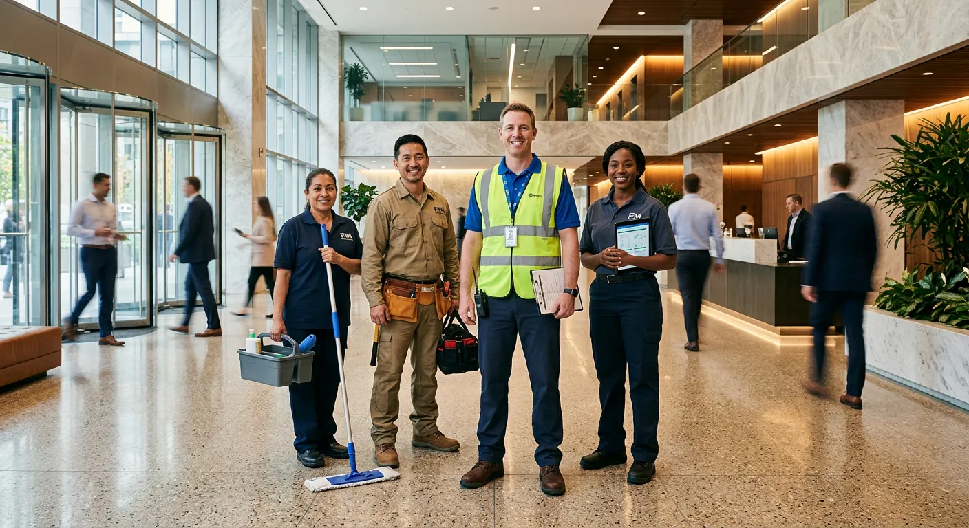 A professional, high-energy hero image. A diverse team of facilities management professionals (e.g.,... A professional, high-energy hero image. A diverse team of facilities management professionals (e.g., a supervisor in a hi-vis vest, a technician with a tablet, a cleaner) standing confidently in a modern, well-maintained building lobby. Style should be bright, professional, and inspiring, with a slight motion blur to convey activity.