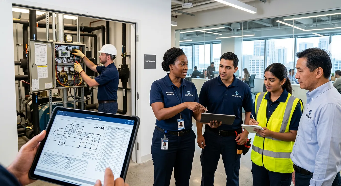 A professional, high-energy photo of a diverse facilities management team in a modern office buildin... A professional, high-energy photo of a diverse facilities management team in a modern office building. A facilities manager points to a building maintenance plan on a tablet while a technician works on an HVAC panel in the background. Style is crisp, bright, and conveys competence and teamwork.