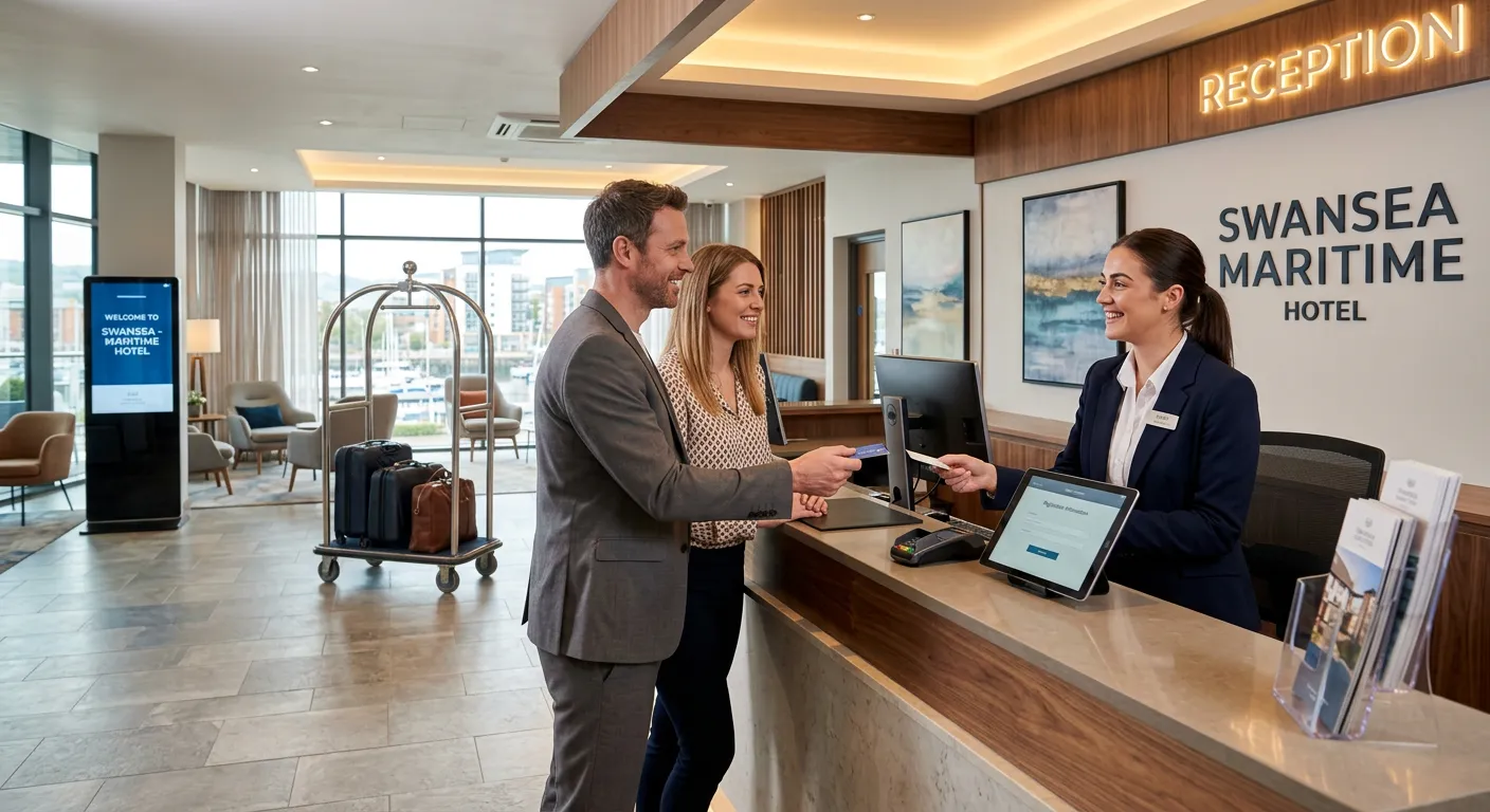 A professional, welcoming image of a modern hotel front desk in Swansea. A well-dressed agent is smiling while assisting guests, with a clean, bright lobby in the background. Style: professional, inviting, high-quality stock photo.