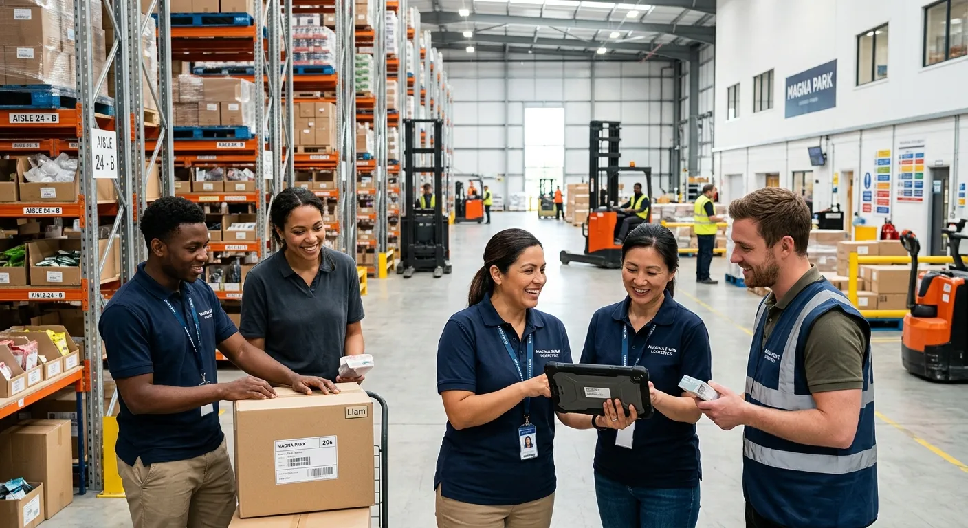 A professional, welcoming image of a diverse retail team in a modern, well-lit Magna Park warehouse... A professional, welcoming image of a diverse retail team in a modern, well-lit Magna Park warehouse environment, assisting a customer. The style should be bright, authentic, and convey a sense of teamwork and opportunity.