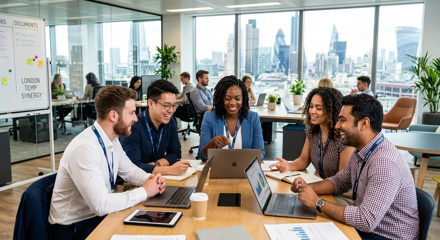 A diverse group of professional temporary workers in London, smiling and collaborating in a modern o... A diverse group of professional temporary workers in London, smiling and collaborating in a modern office environment. Style: Professional, bright, and energetic. Mood: Confident, productive, and dynamic.