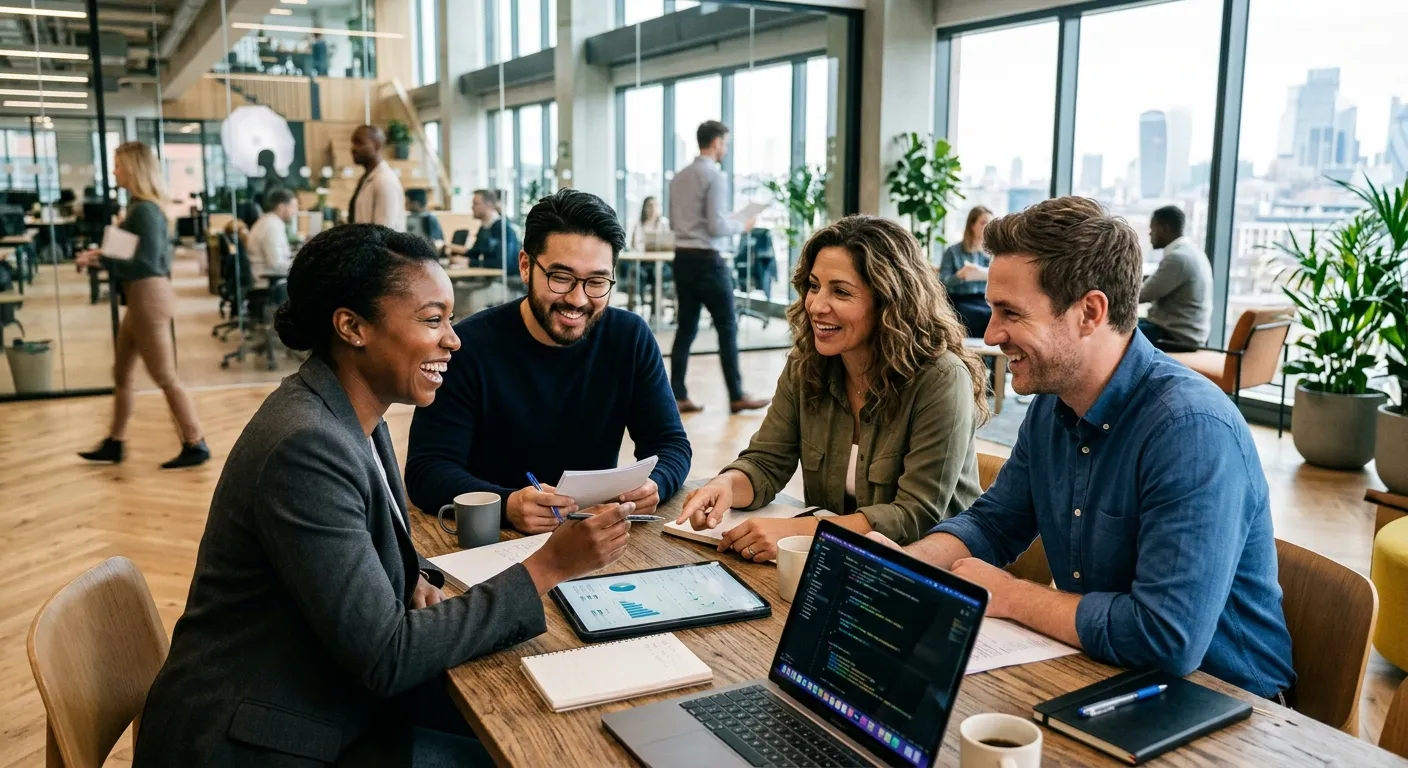 A diverse group of modern professionals collaborating in a bright, open-plan office. Focus on authentic expressions and a dynamic, forward-looking mood. Style: Professional corporate photography.