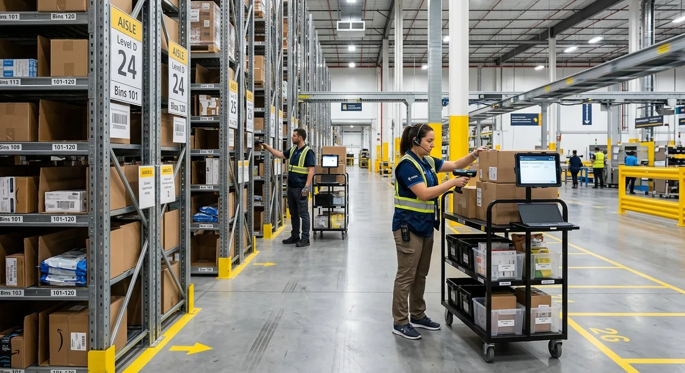 Modern, high-tech warehouse interior with pickers using handheld scanners and mobile carts in a well... Modern, high-tech warehouse interior with pickers using handheld scanners and mobile carts in a well-lit, organized aisle. Professional, efficient mood.