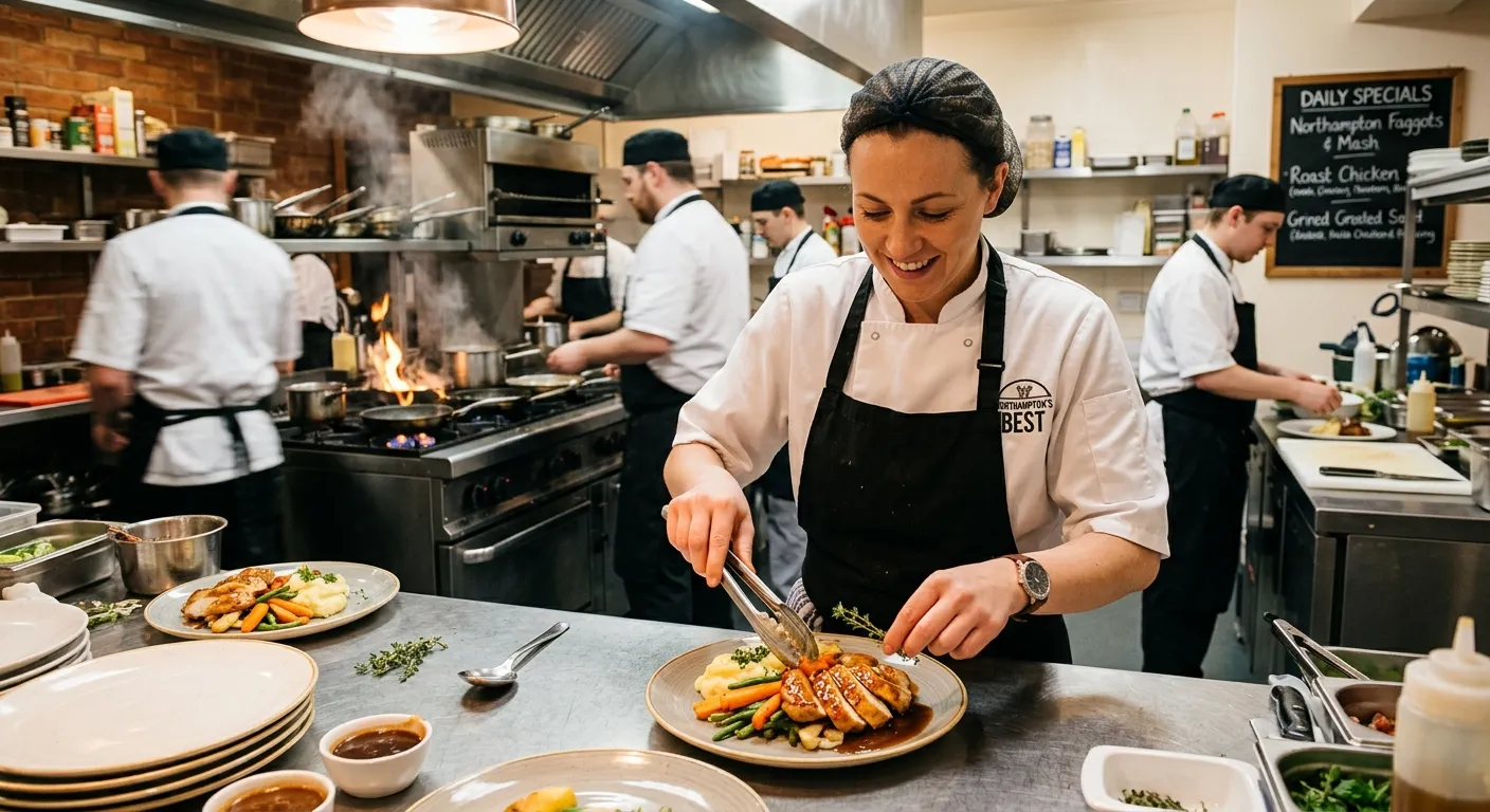Professional, high-energy kitchen scene in a Northampton restaurant or care home, showing a Cook in... Professional, high-energy kitchen scene in a Northampton restaurant or care home, showing a Cook in a clean white chef's jacket plating a meal, with warm, inviting lighting and a sense of organised activity.