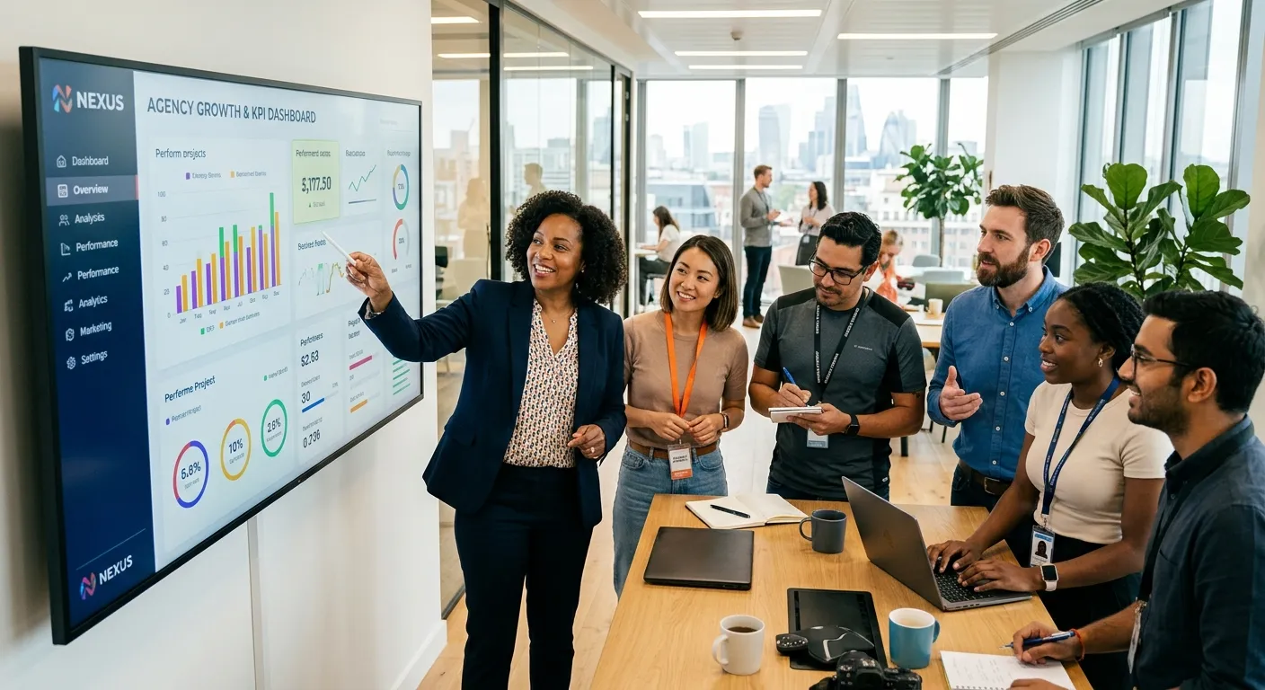 A dynamic, professional photo of a diverse team collaborating in a modern office setting. A manager points to a data chart on a screen, while augmented agency staff work alongside permanent employees. Style: Bright, optimistic, with a focus on teamwork and seamless integration.