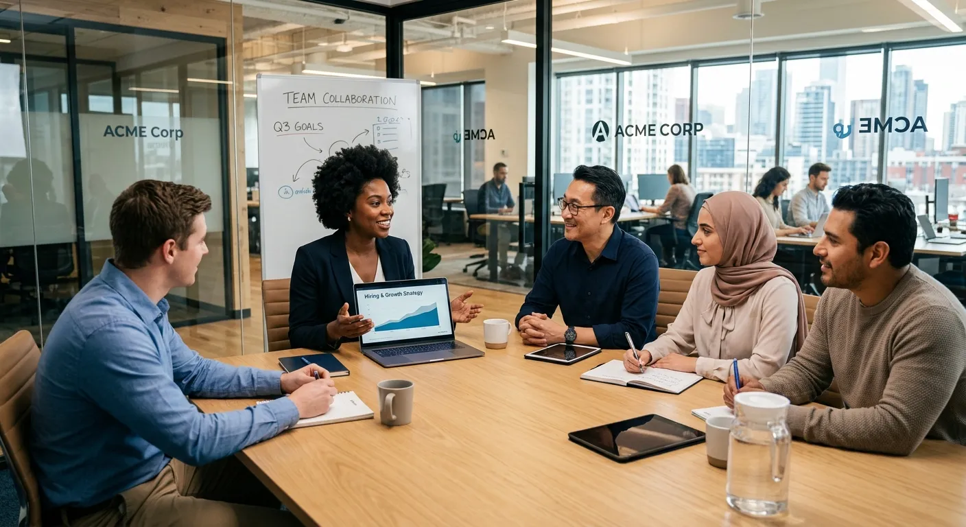 A modern, professional office environment with diverse team members collaborating in a meeting room, representing full-time employment and corporate hiring. Style: Professional corporate photography with warm lighting and a focus on teamwork.