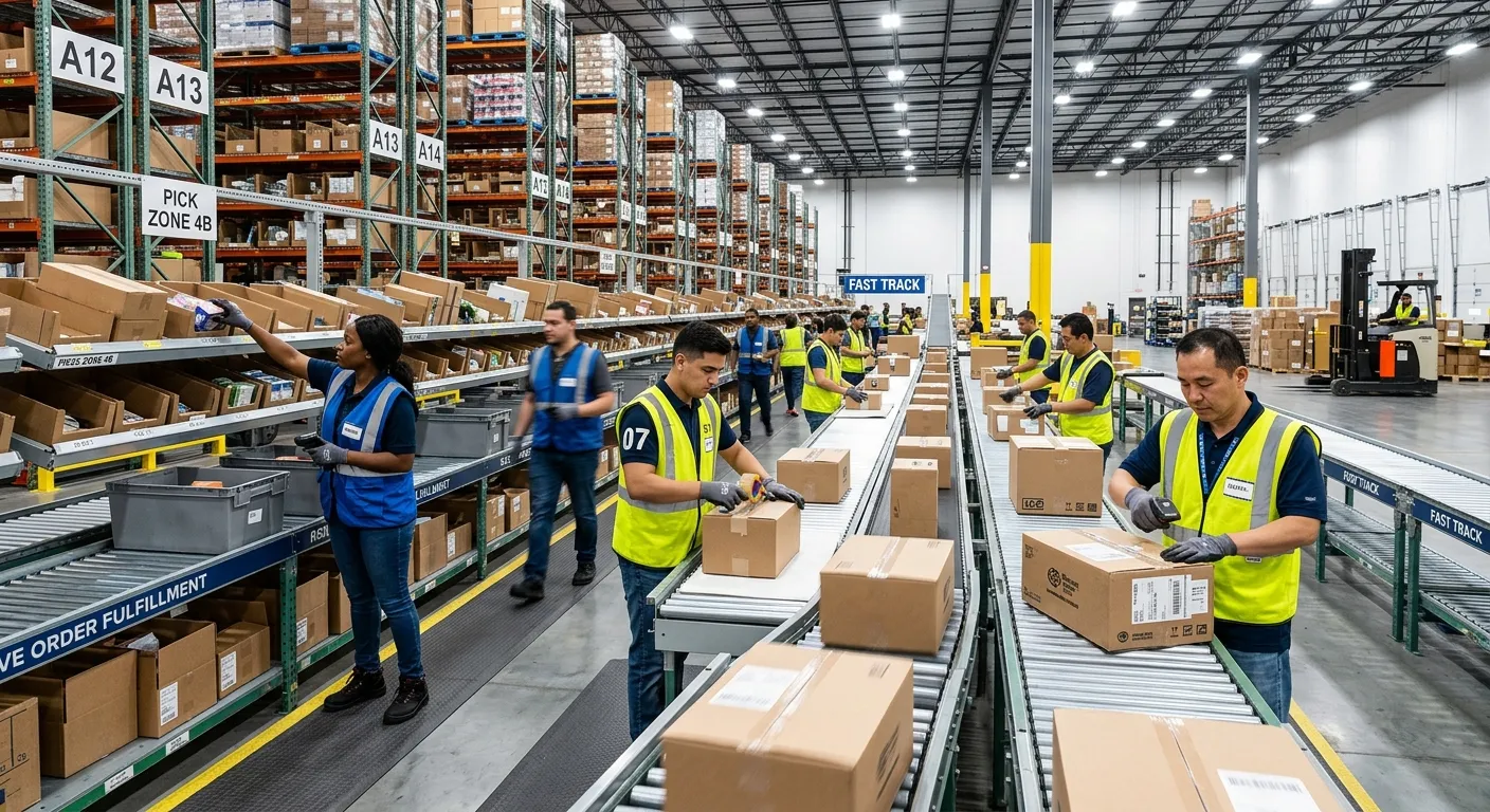 A dynamic, high-energy warehouse scene with a diverse team of workers efficiently picking items from... A dynamic, high-energy warehouse scene with a diverse team of workers efficiently picking items from high shelves and packing them into boxes on a well-lit, modern conveyor belt system. Professional, bright, and action-oriented.