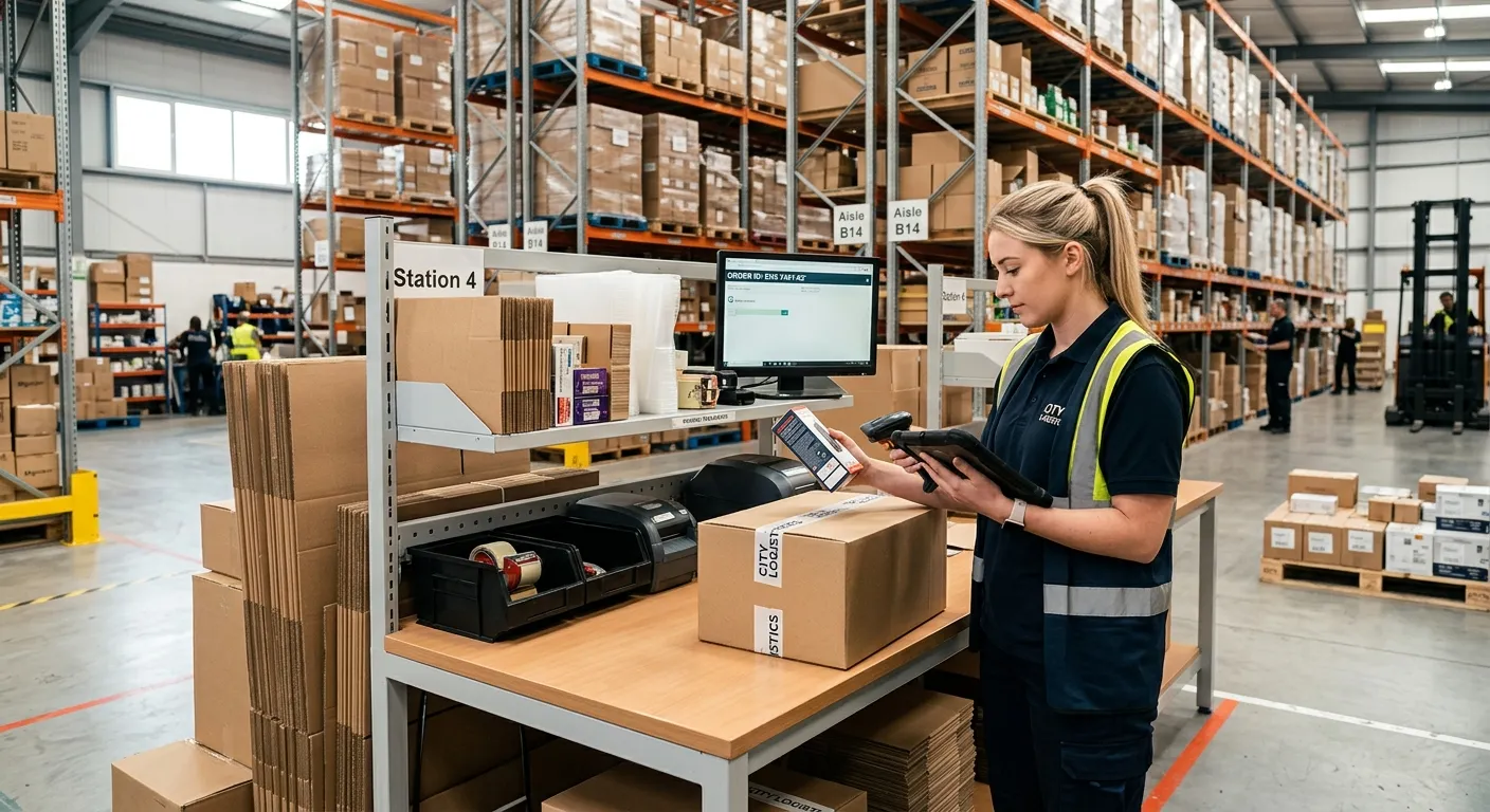 A professional, well-lit photograph of a modern, organised warehouse packing station in Edinburgh EH... A professional, well-lit photograph of a modern, organised warehouse packing station in Edinburgh EH3. A focused Picker/Packer is accurately scanning items on a tablet, with neatly stacked boxes and shelves in the background. The mood is efficient, clean, and professional.