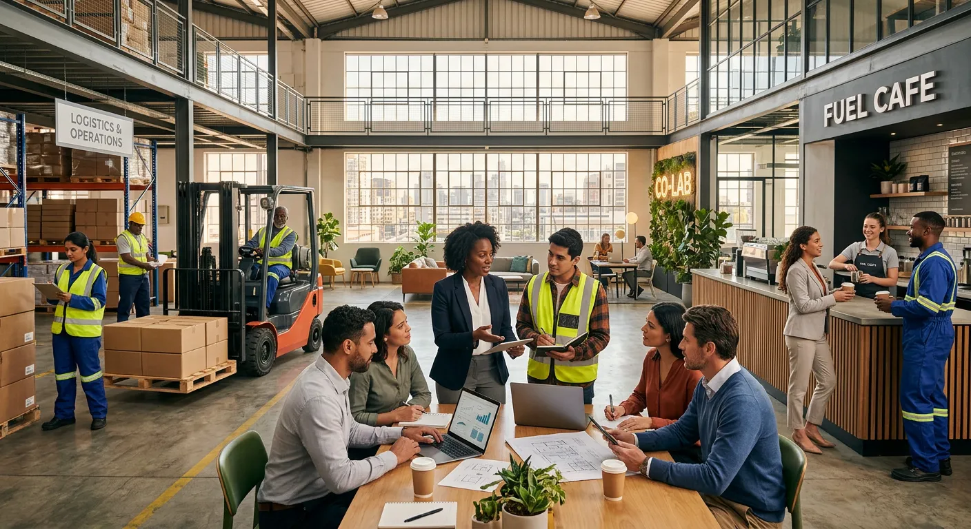 A diverse, modern office and industrial workspace scene — professionals collaborating in a bright, a... A diverse, modern office and industrial workspace scene — professionals collaborating in a bright, airy office alongside warehouse and hospitality staff working in sync. The style is cinematic, aspirational, and high-energy, with warm natural light and a sense of teamwork and innovation. Mood: professional, forward-looking, inclusive.