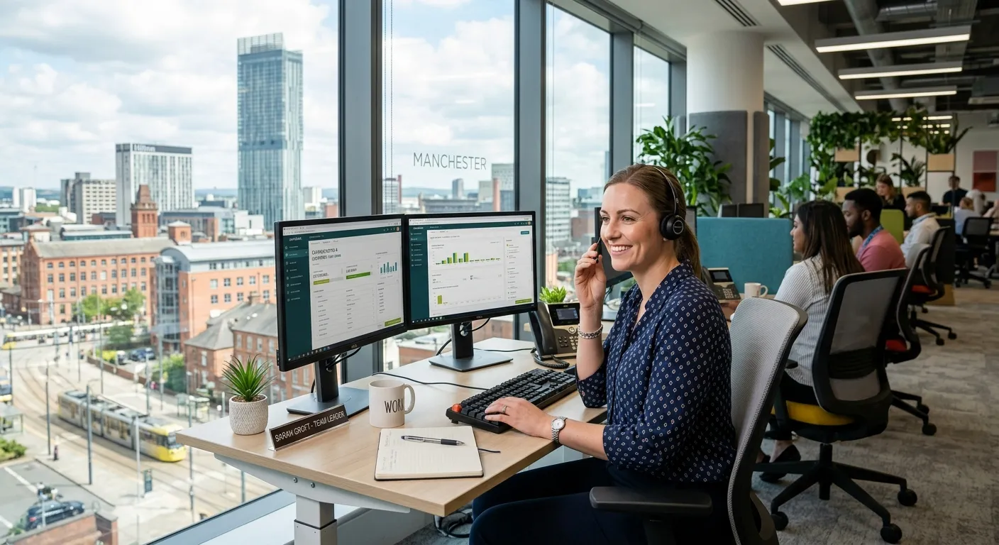 A confident, professional call centre agent in a modern Manchester office setting, smiling and weari... A confident, professional call centre agent in a modern Manchester office setting, smiling and wearing a headset, with a clean, organised workstation and a view of Manchester cityscape through the window