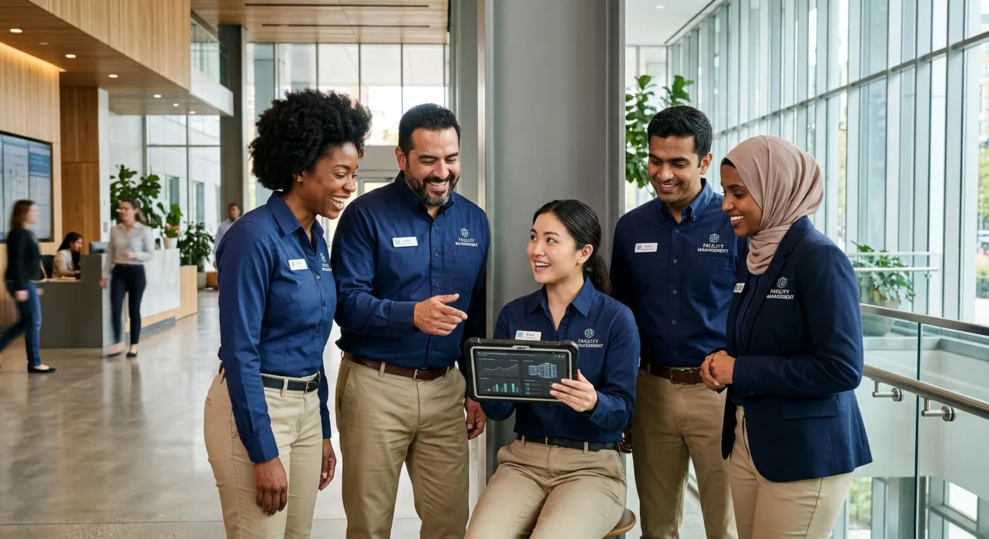 A professional, high-energy photo of a diverse facilities management team in a modern office buildin... A professional, high-energy photo of a diverse facilities management team in a modern office building lobby. They are smiling, dressed in smart corporate uniforms, reviewing a tablet together. The style is bright, sharp, and aspirational.