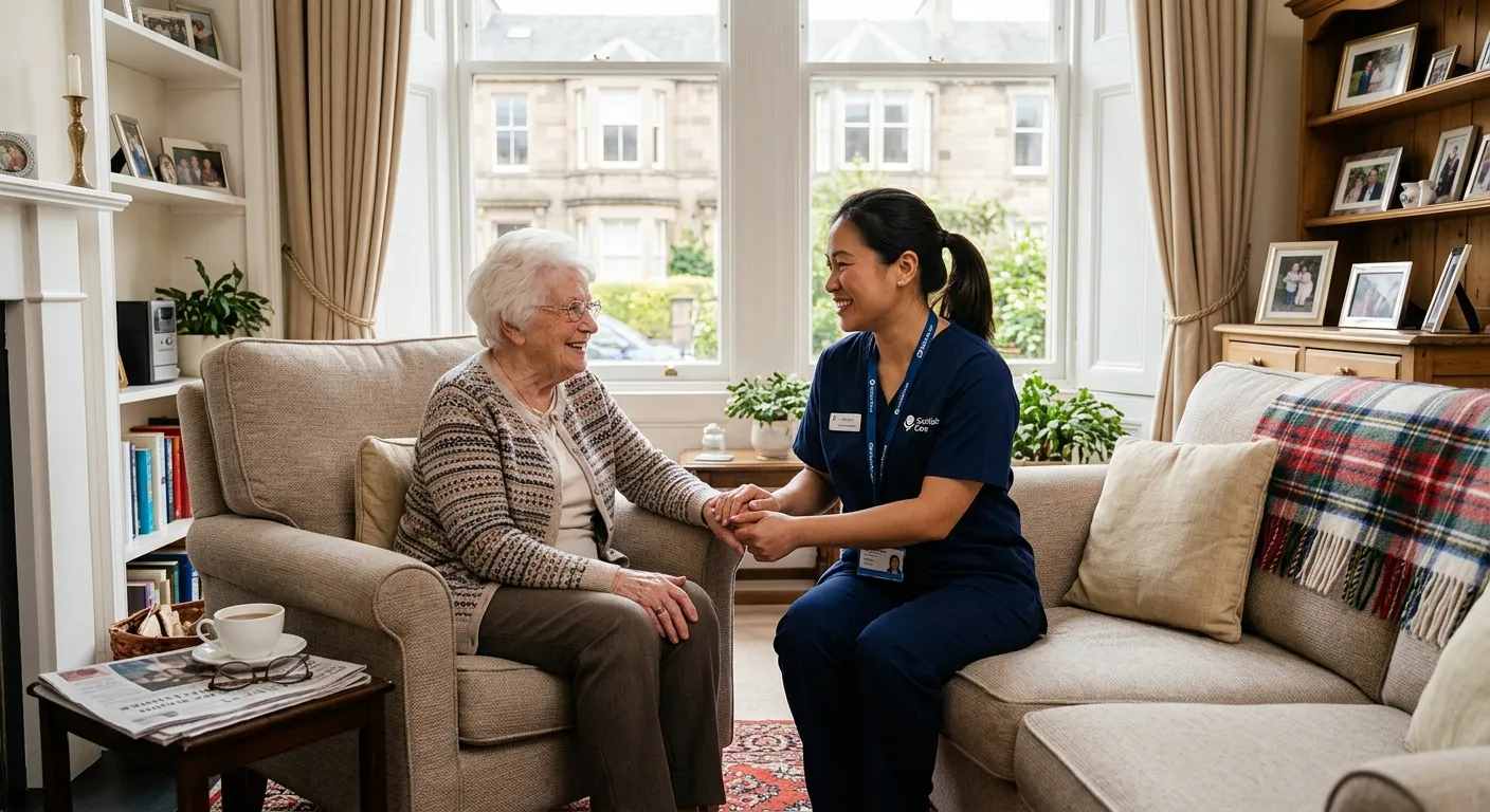 A compassionate, professional Domiciliary Care Worker assisting an elderly client in a bright, clean living room in a typical Edinburgh home, conveying trust and warmth.