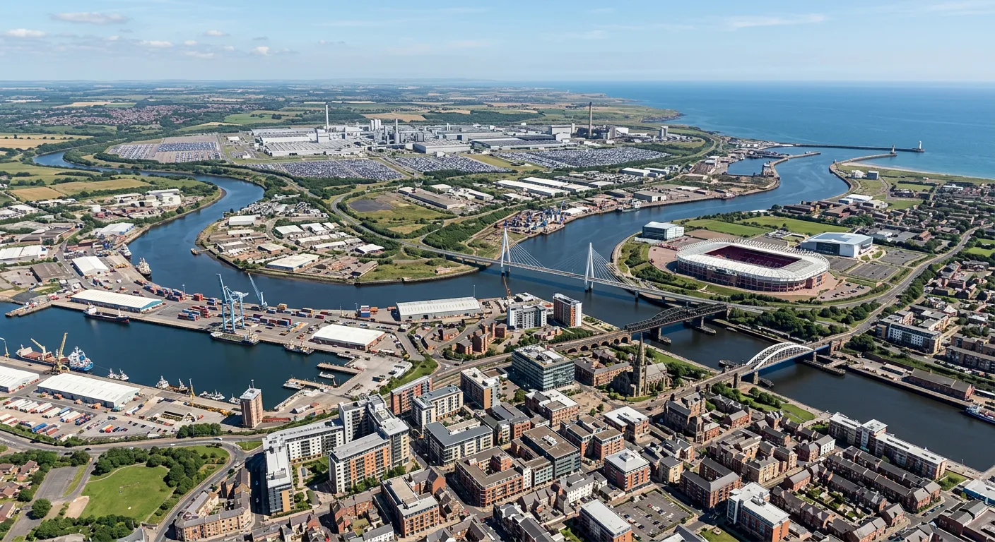 Aerial view of Sunderland city centre and the River Wear, showing industrial areas, the Port of Sunderland, and the Nissan plant in the background. Clear skies, modern architecture mixed with historic buildings.
