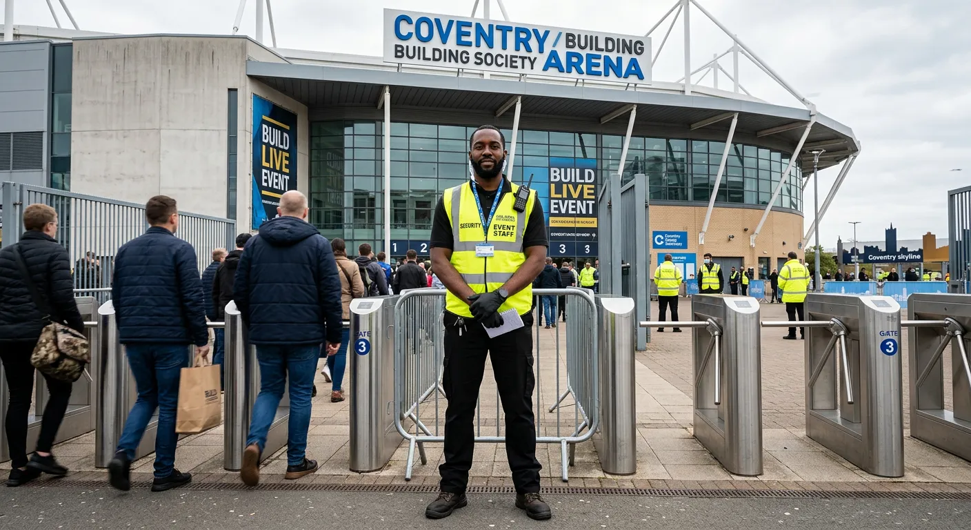 Professional photo of a confident Event Security Officer in hi-vis vest, standing alert at the entrance of a modern event venue in Coventry, like the Ricoh Arena. The image should convey professionalism, vigilance, and local relevance.