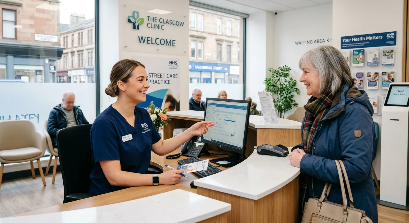 A professional, friendly Medical Receptionist in a modern GP surgery or clinic in Glasgow, smiling a... A professional, friendly Medical Receptionist in a modern GP surgery or clinic in Glasgow, smiling and assisting a patient at the front desk. Bright, clean, and welcoming atmosphere.
