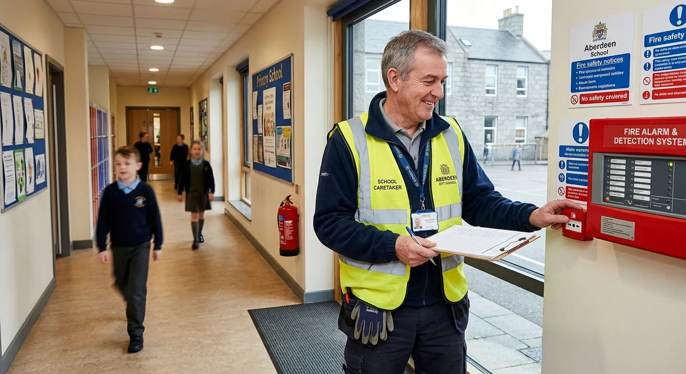 A professional, trustworthy caretaker in Aberdeen, smiling while performing a maintenance check in a well-kept school or residential building, wearing a high-vis vest, conveying reliability and local expertise.