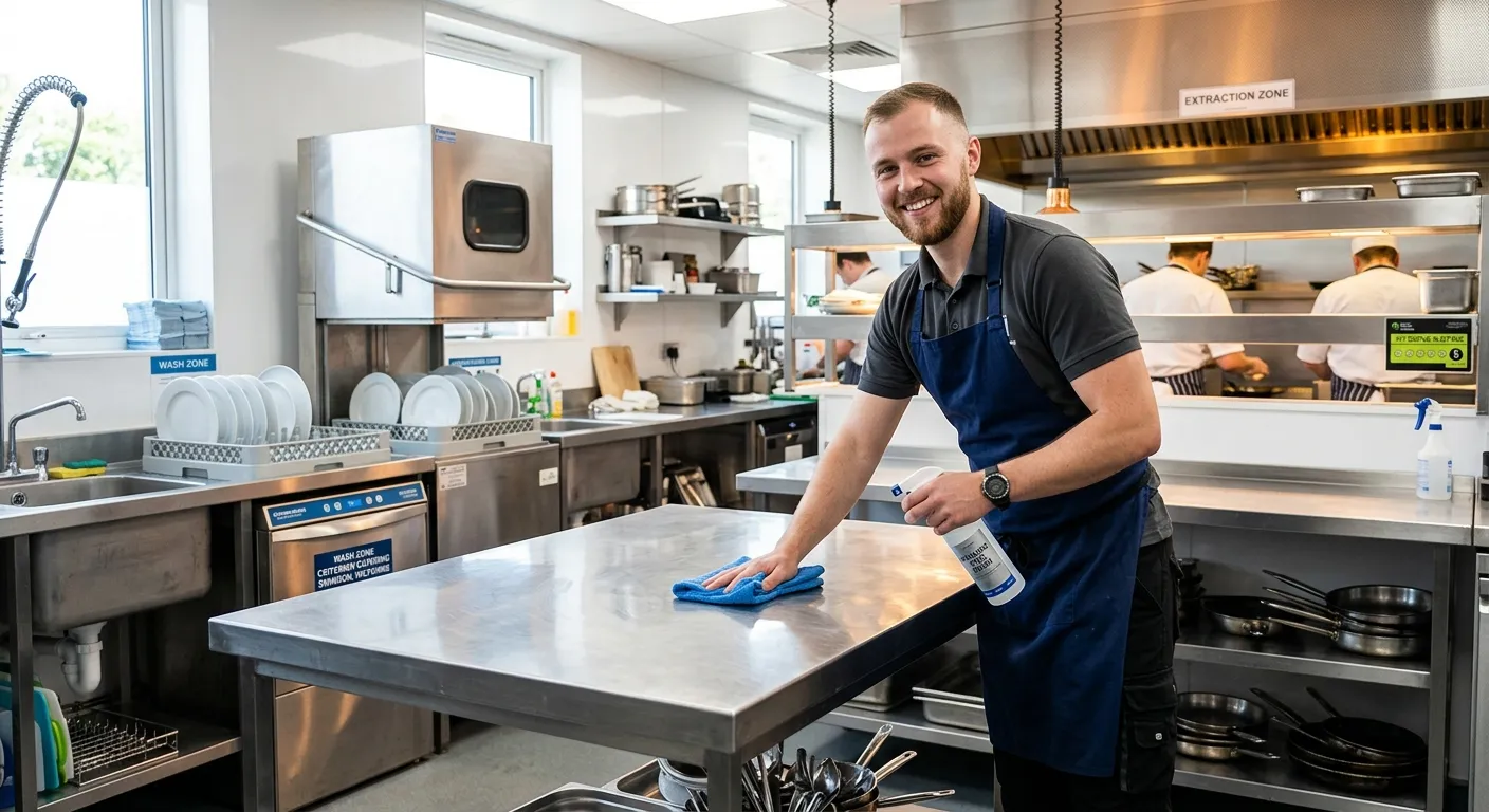 A professional, well-lit photograph of a Kitchen Porter in a modern, clean commercial kitchen in Swindon. They are smiling, wearing a clean apron, and are in the process of polishing stainless steel equipment, conveying a sense of pride and professionalism.