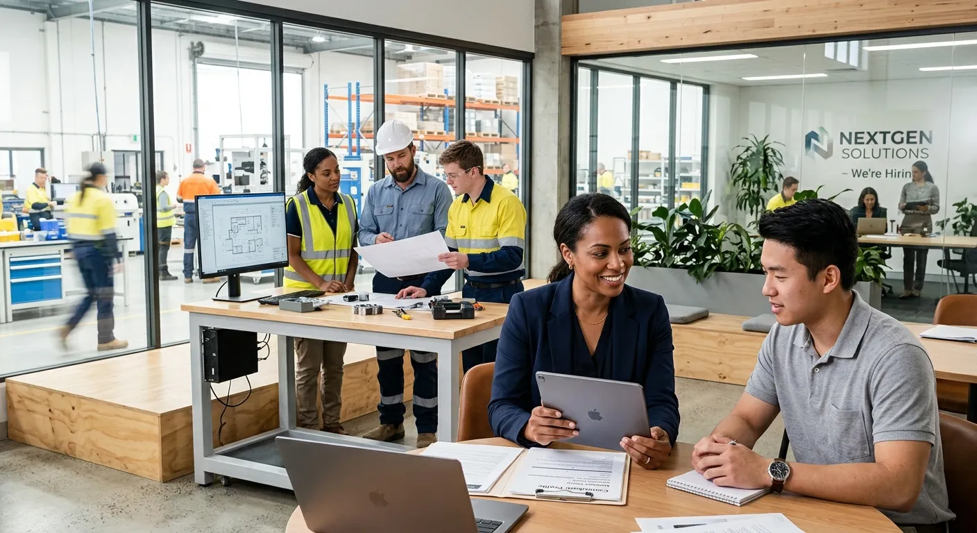 A dynamic, professional photo of a diverse team of office and light industrial workers collaborating in a modern workspace, with a hiring manager reviewing a candidate's profile on a tablet. Style: Bright, optimistic, and professional. Mood: Collaborative, efficient, and forward-thinking.