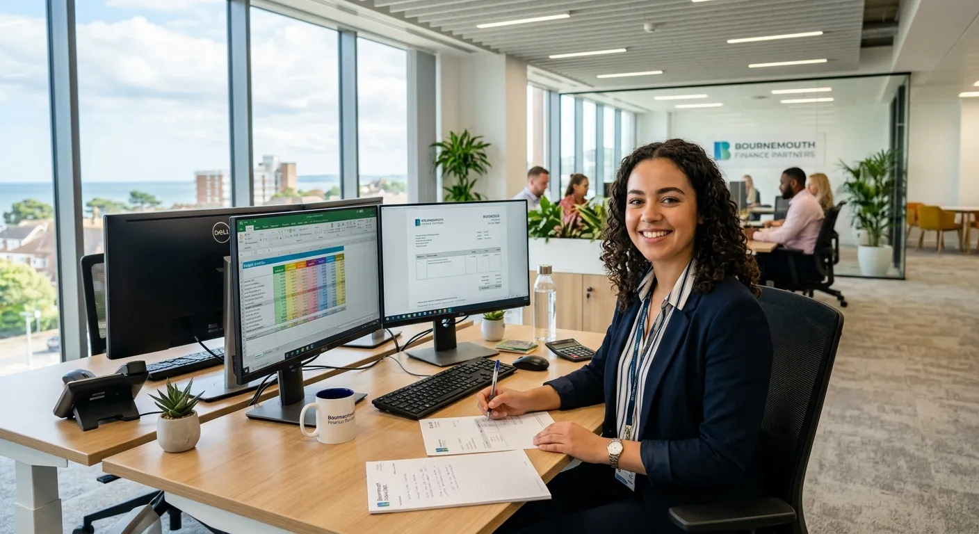 A professional, welcoming image of a modern finance office in Bournemouth, with a smiling Finance Assistant working at a dual-monitor setup, focusing on spreadsheets and invoices. The style is bright, airy, and professional.