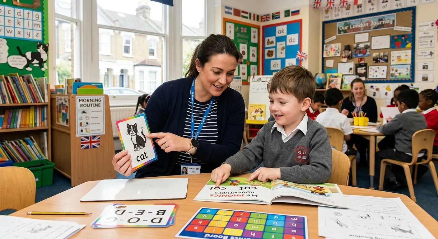 A Learning Support Assistant in a bright London classroom, using visual cue cards with a young pupil... A Learning Support Assistant in a bright London classroom, using visual cue cards with a young pupil during a morning literacy session.