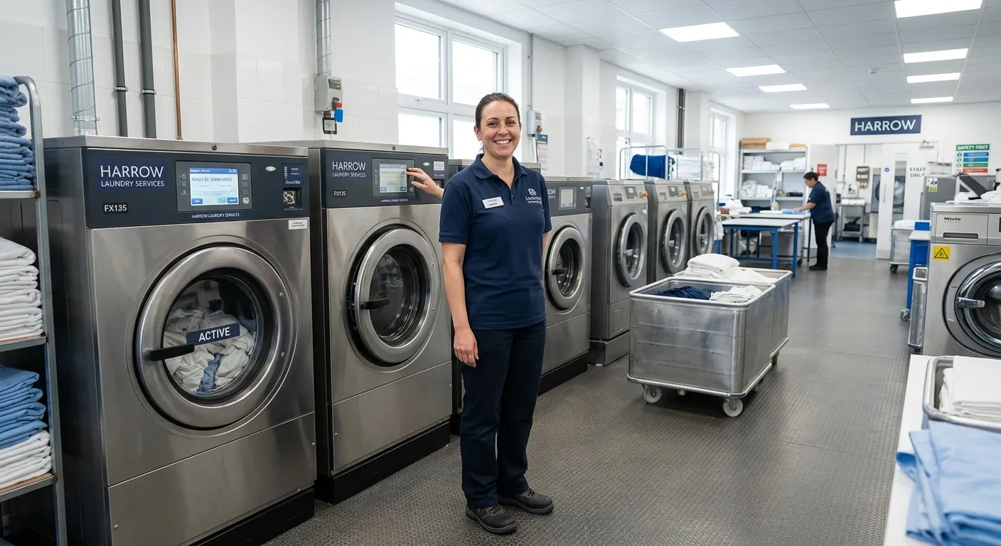 A professional, well-lit photo of a friendly Laundry Attendant in a modern, clean commercial laundry facility in Harrow, operating an industrial washing machine. The mood is efficient, hygienic, and professional.