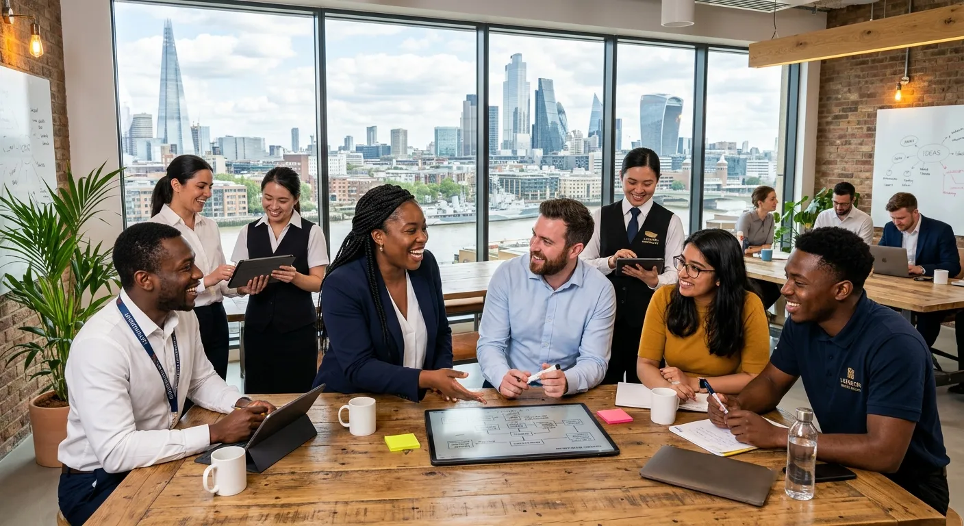 A professional, high-energy photo of a diverse team of office and hospitality staff collaborating in... A professional, high-energy photo of a diverse team of office and hospitality staff collaborating in a modern London workspace, with the London skyline visible through a window. Style: Bright, optimistic, professional.