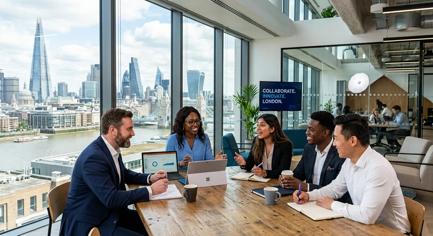 A dynamic, professional photo of a diverse group of London professionals collaborating in a modern office, with iconic London skyline visible through a window. Style: Bright, sharp, and aspirational. Mood: Energetic, successful, and connected.