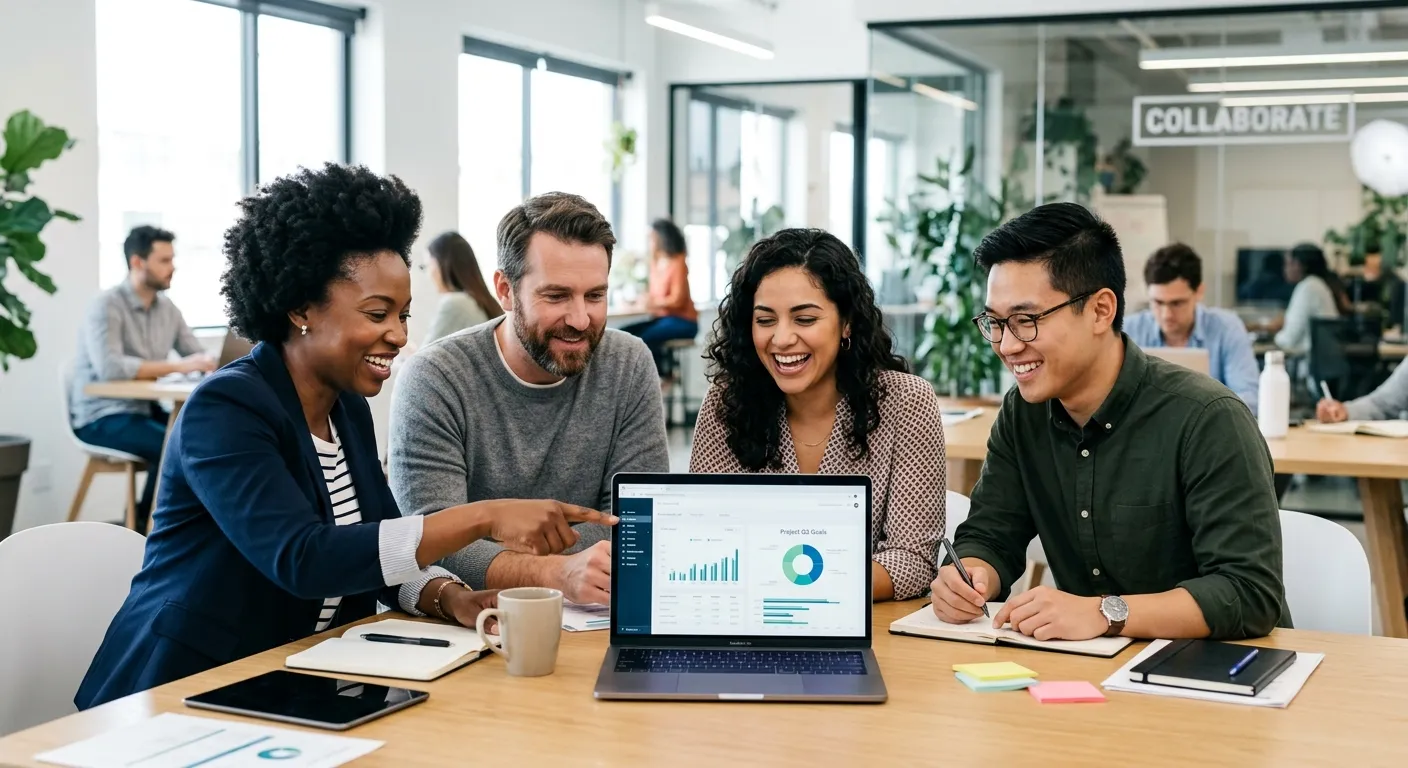 A professional, high-contrast photo of a diverse team of employees collaborating in a modern office... A professional, high-contrast photo of a diverse team of employees collaborating in a modern office environment. They are smiling and looking at a laptop screen, symbolizing unity and productivity. Style: Bright, professional, with a focus on people.
