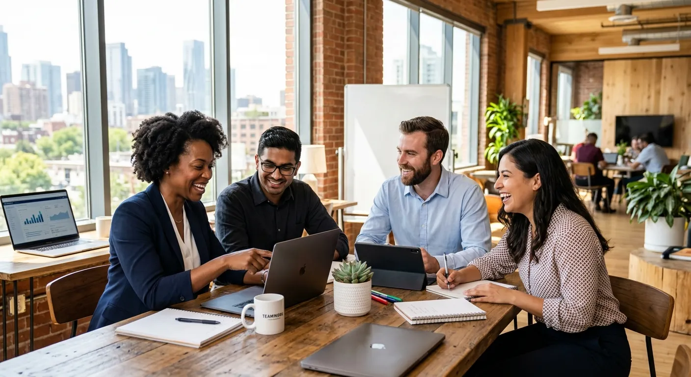 A modern, diverse group of professionals collaborating in a bright, sunlit office, representing succ... A modern, diverse group of professionals collaborating in a bright, sunlit office, representing successful staffing placement. Style: Professional, aspirational, high-resolution stock photo with a focus on teamwork and positivity.