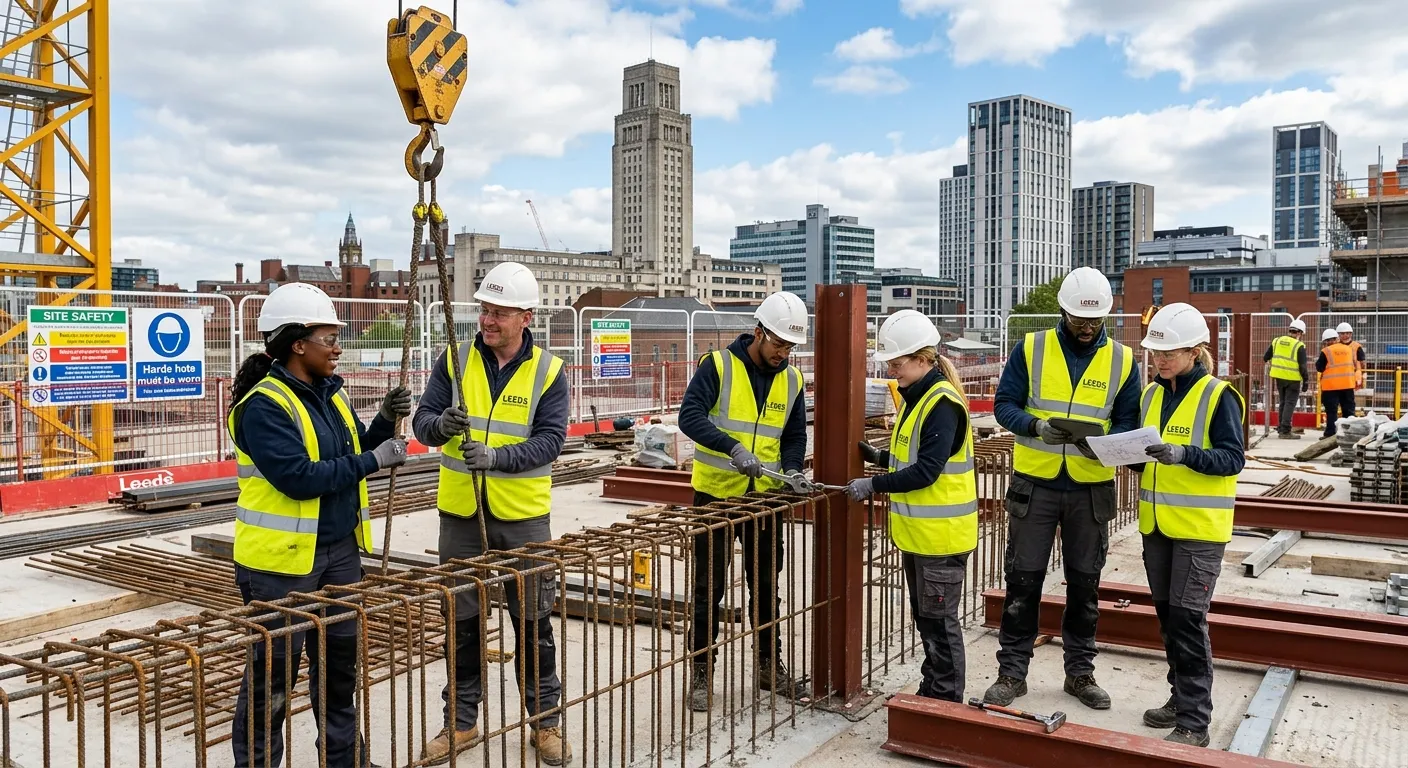 A professional, diverse group of construction labourers in high-visibility vests working together on... A professional, diverse group of construction labourers in high-visibility vests working together on a site in Leeds, showcasing teamwork and a safe, active work environment.