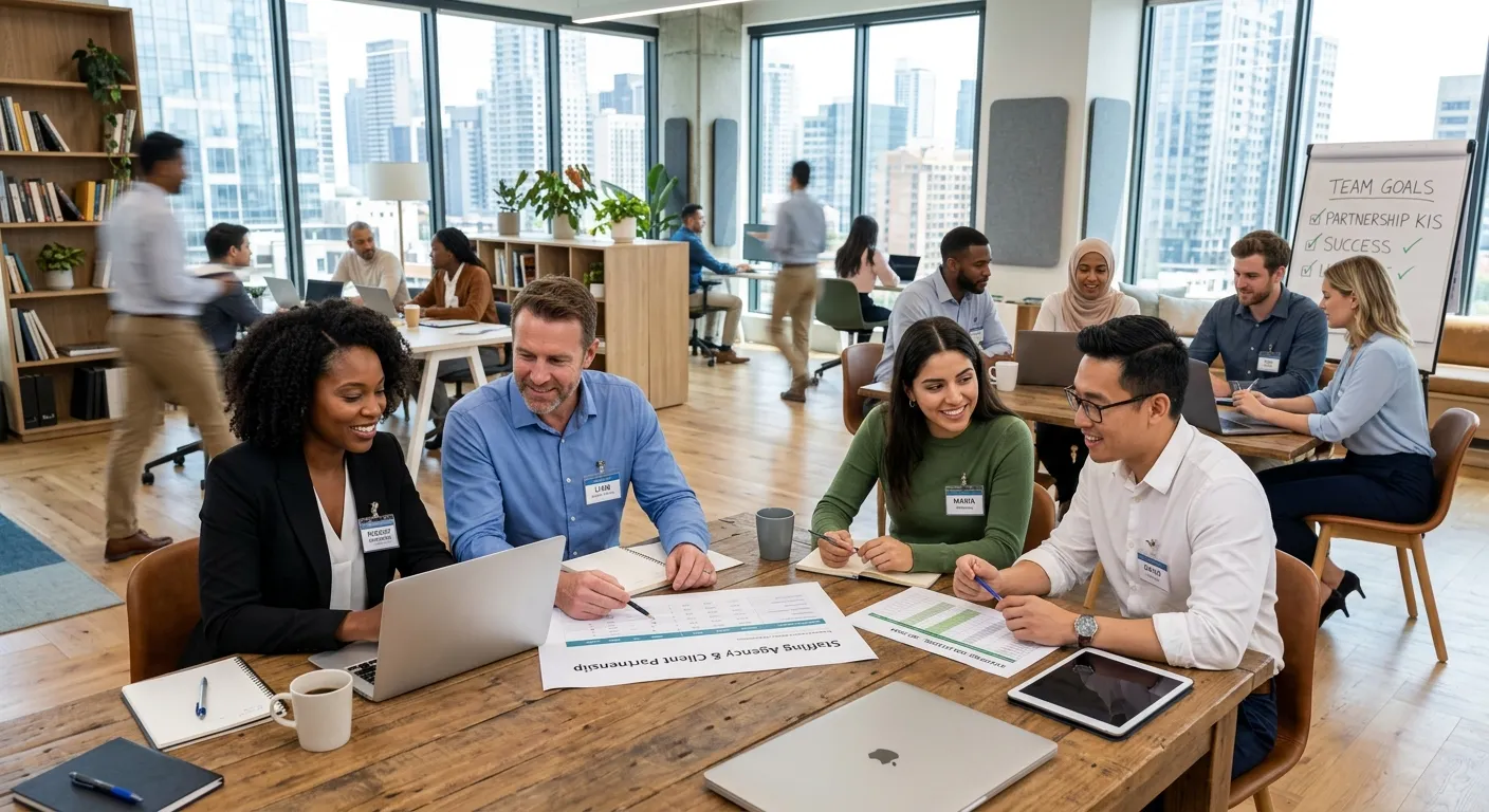 A modern, diverse team of professionals collaborating in a bright, open-plan office, representing pa... A modern, diverse team of professionals collaborating in a bright, open-plan office, representing partnership between a staffing agency and client. Style: Professional, bright, high-resolution. Mood: Collaborative, successful, and efficient.