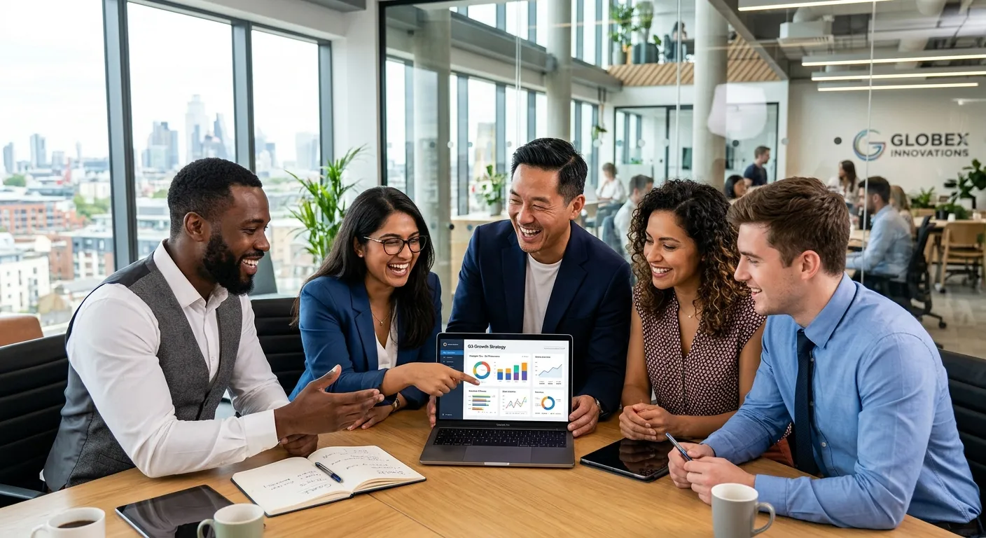 A professional, high-energy photograph of a diverse team of business professionals collaborating in... A professional, high-energy photograph of a diverse team of business professionals collaborating in a modern office. They are gathered around a laptop, reviewing data or a strategic plan, symbolizing partnership and success. The mood is confident, focused, and forward-thinking.