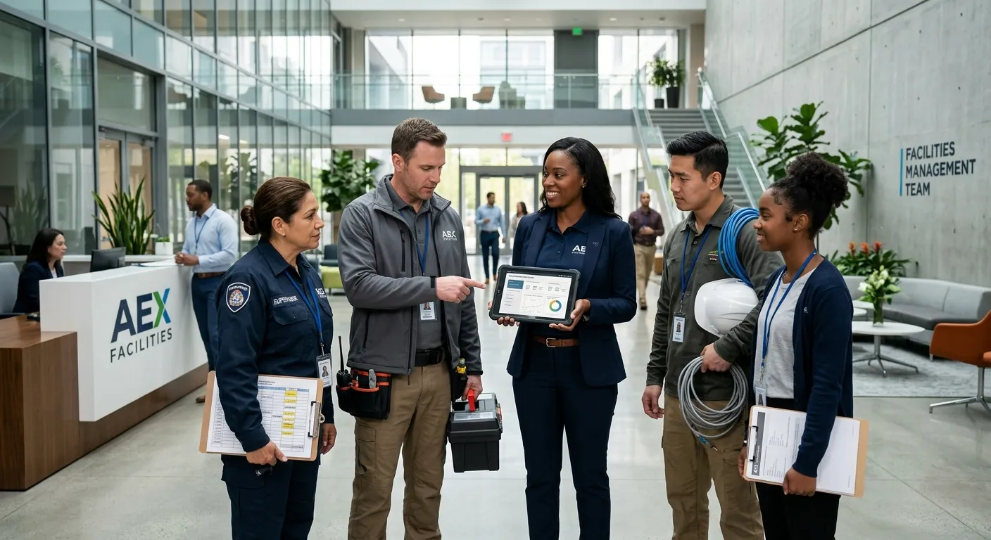 A professional, diverse group of facilities management professionals in a modern building lobby, including a site manager with a tablet, a technician with tools, and a cleaning supervisor, representing the breadth of FM roles. Style: Corporate, authentic, high-resolution.