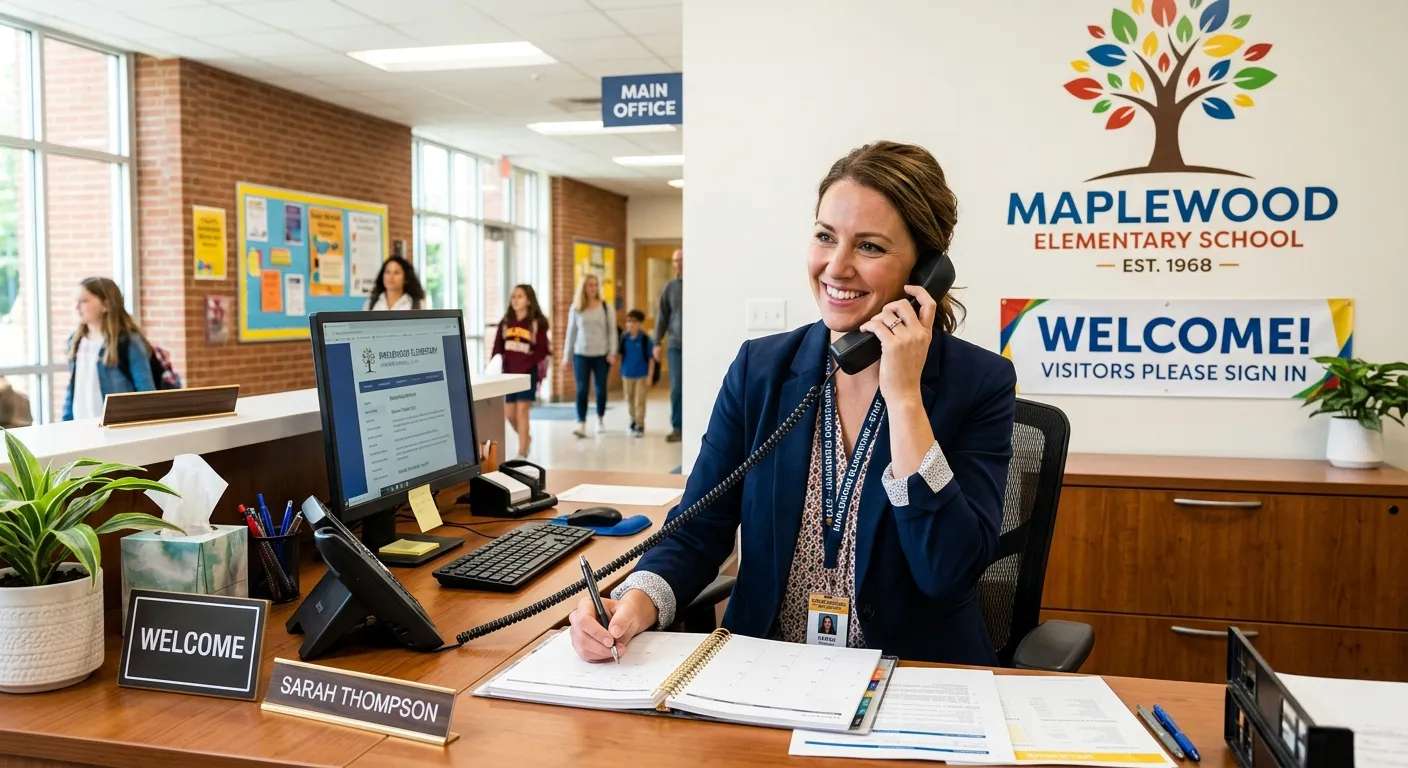 A friendly, professional woman working as a school receptionist, smiling and answering a phone at a tidy front desk with a school logo visible in the background. Bright, welcoming school environment.