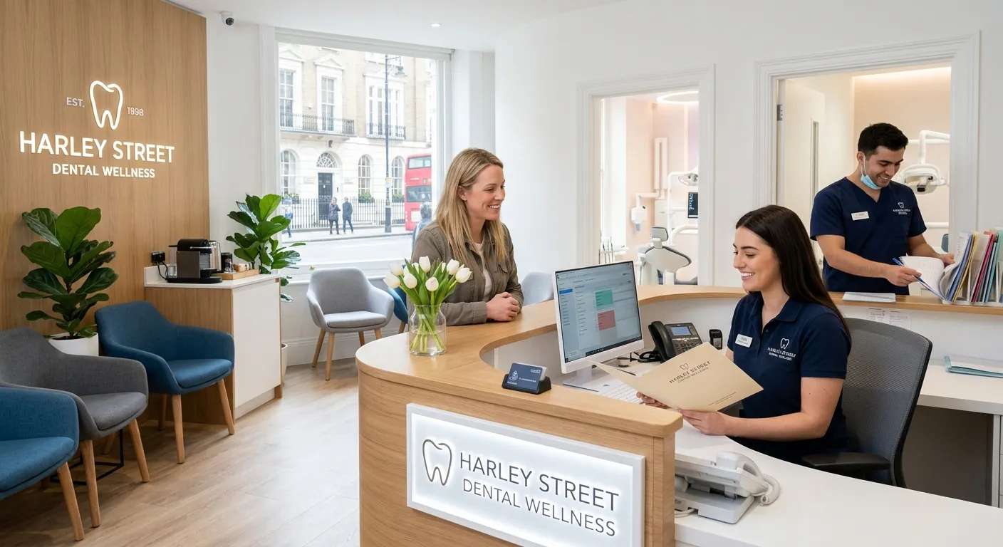 A professional, welcoming image of a modern dental practice reception area in London, with a friendl... A professional, welcoming image of a modern dental practice reception area in London, with a friendly receptionist assisting a patient and a dental nurse in scrubs in the background. Style: Bright, clean, professional. Mood: Trustworthy, efficient, and caring.
