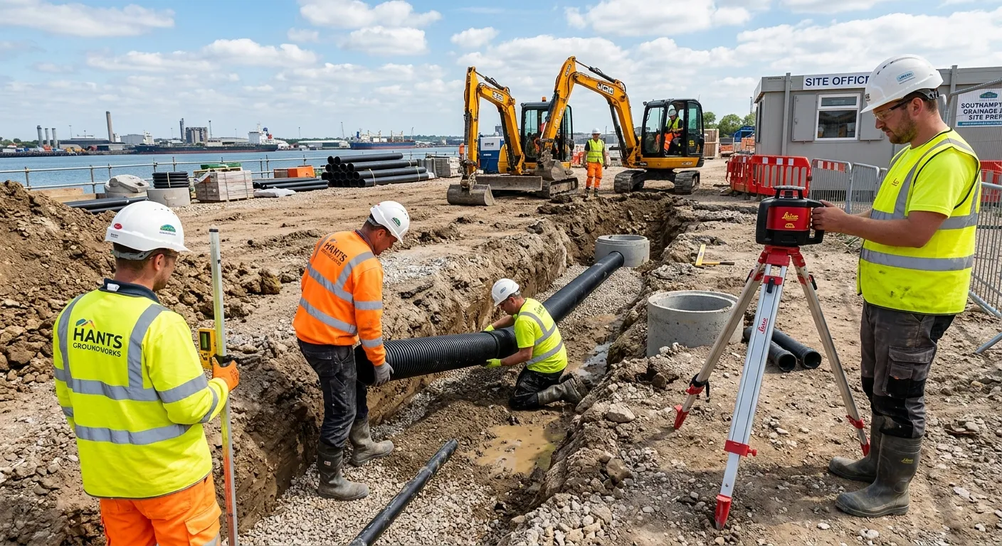 A professional, high-resolution photo of a team of Groundworkers on a construction site in Southampt... A professional, high-resolution photo of a team of Groundworkers on a construction site in Southampton. They are wearing full PPE (hi-vis, hard hats, boots), engaged in laying drainage pipes and using a laser level on a bright, sunny day. The mood is focused, skilled, and collaborative, showcasing modern construction practices.